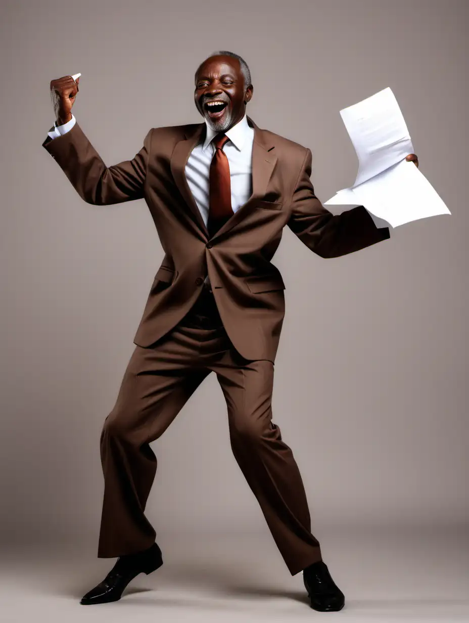 Dancing African mature man in plain brown suit, dancing  holding white papers