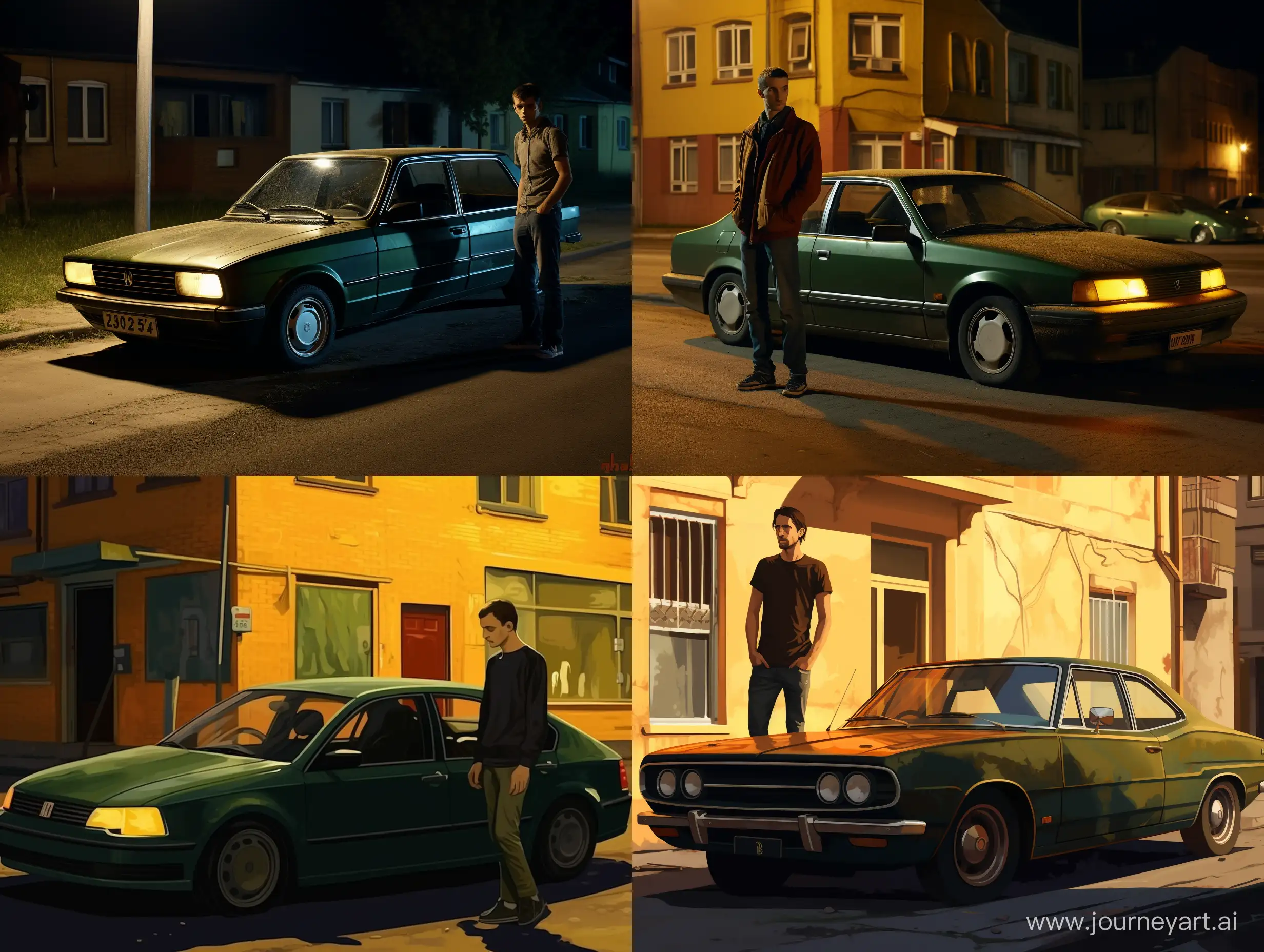 A young guy is standing next to an old model of a dark green European compact sedan. The sedan has a vinyl decal - two gold stripes on the hood. The yellow halogen headlights of this car shine brightly. The action takes place on a dark street in a residential area of an Eastern European city