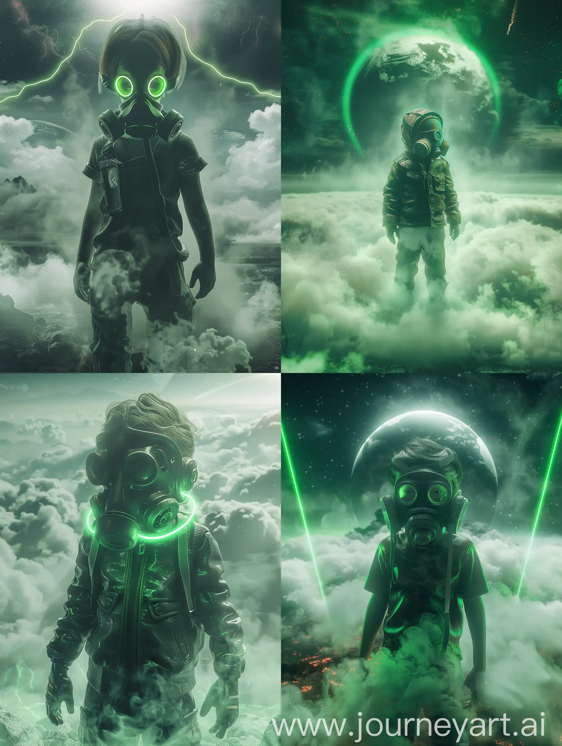 full body portrait of childwith gaz mask with fog coming from the earth with ultra fluorescent neon in ultra realistic apocalyptic landscape with green lighting behind in the style of realistic color palette dark white and light green sparklecore luminous color palette zbrush mesmerizing colorscapes symbol ar style raw stylize Image