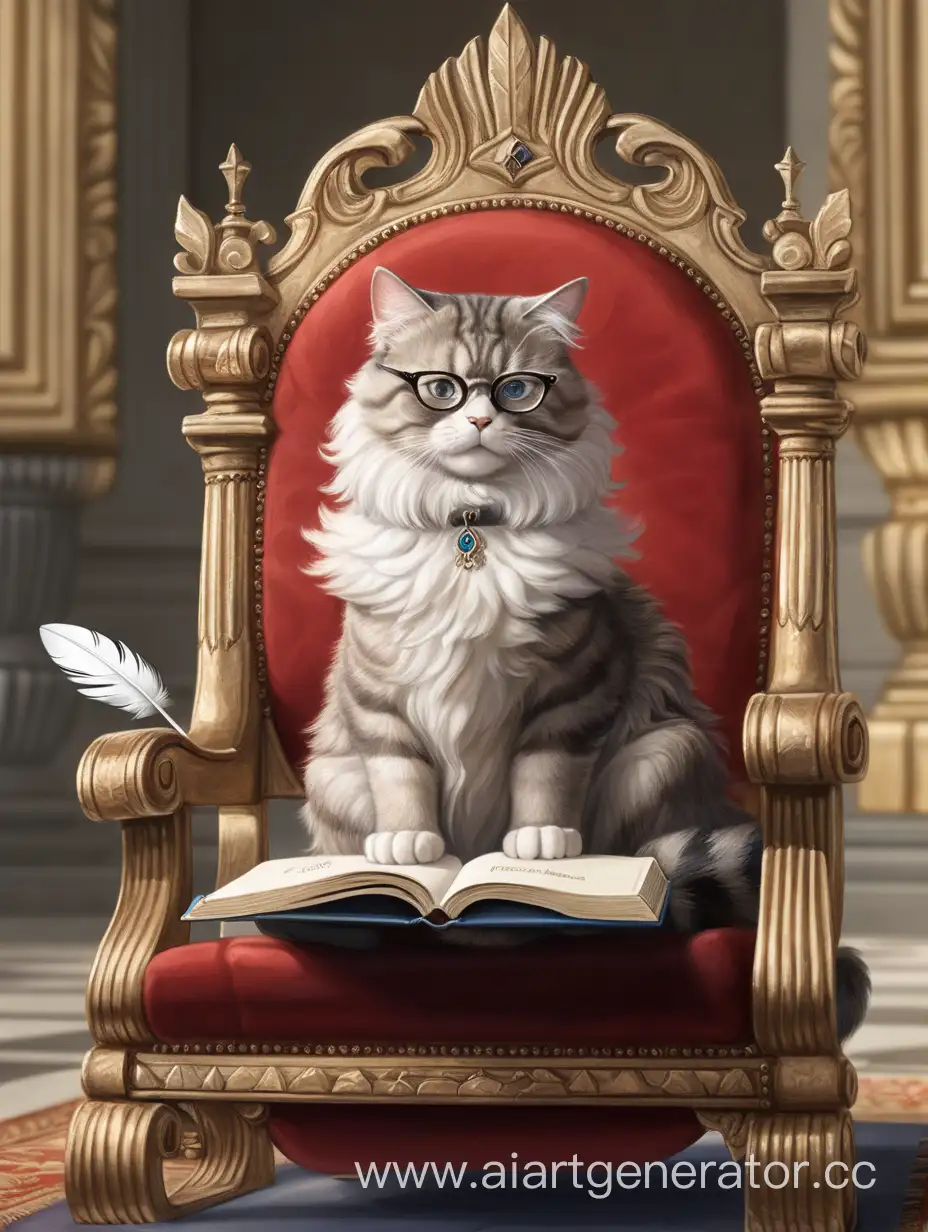 Regal-Cat-Wearing-Glasses-on-Throne-with-Goose-Feather-and-Notebook