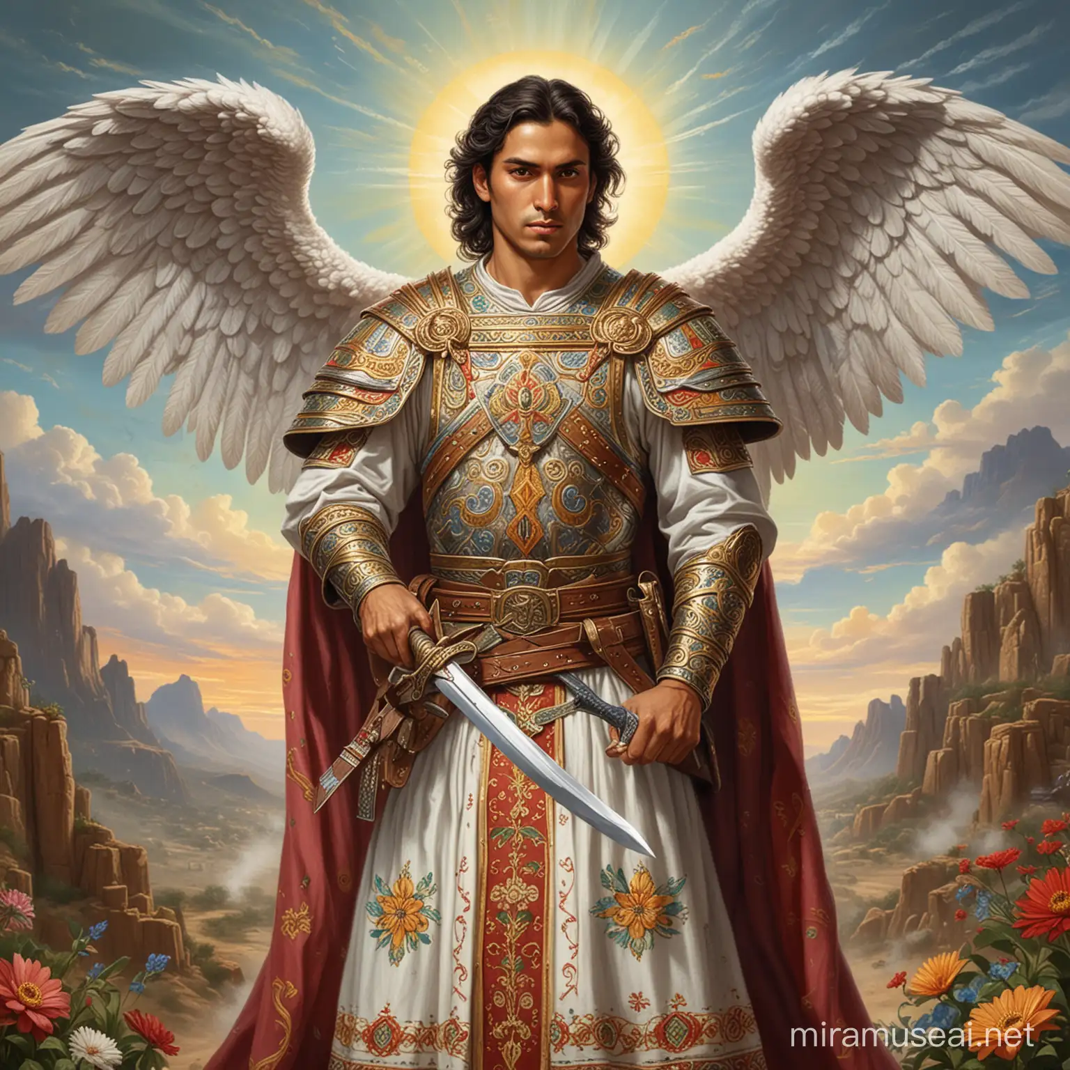 Archangel Miguel brandishes a sword, show him in the style of Mexicn folk art.