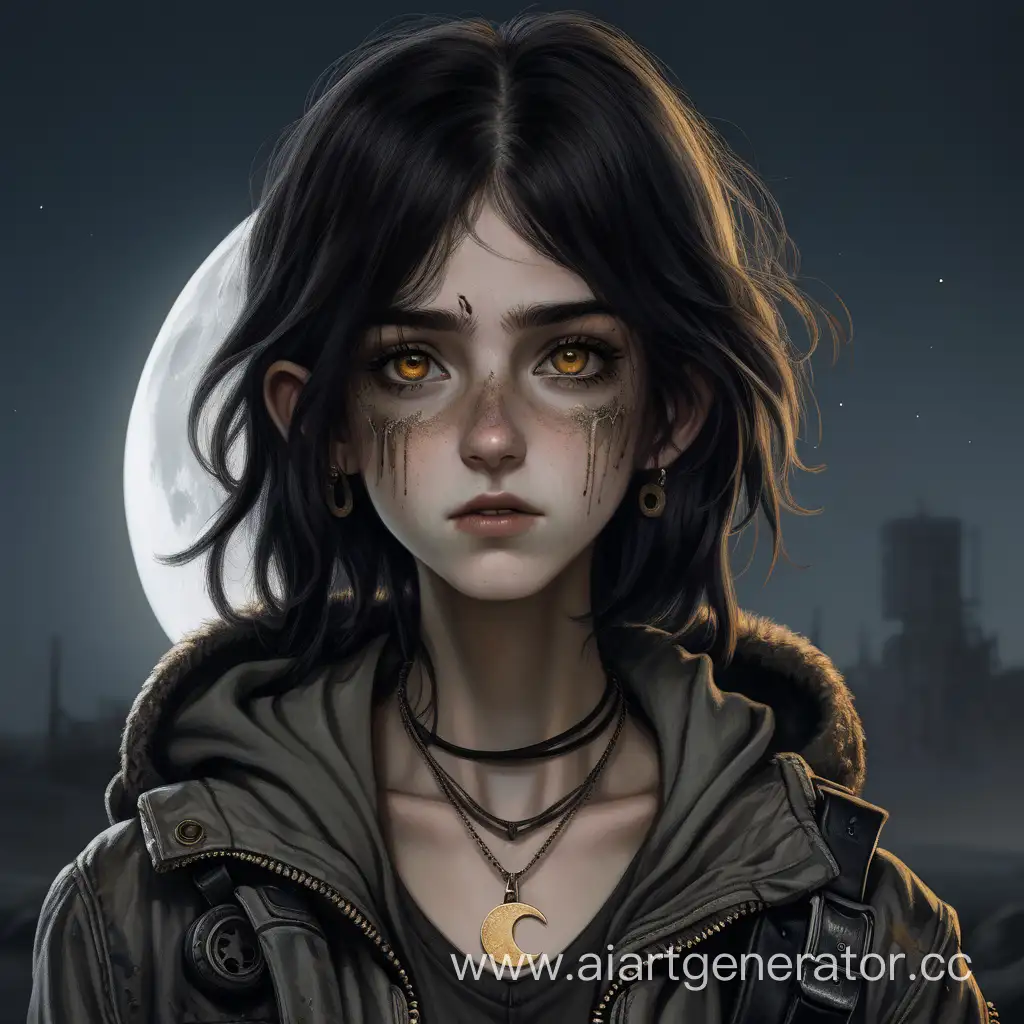 Pale-Girl-with-Golden-Eyes-in-PostApocalyptic-Attire-and-Moon-Pendant