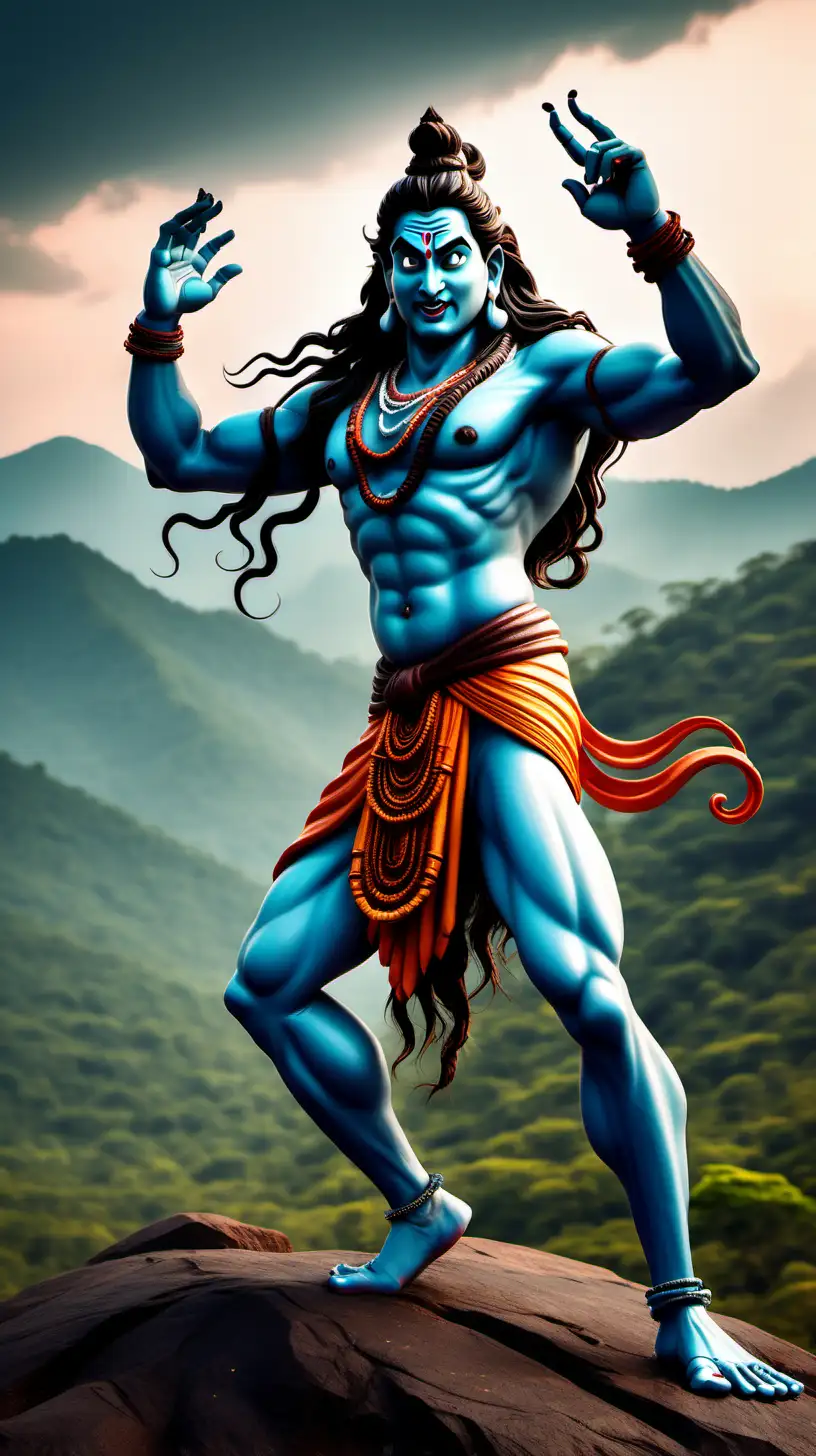 Handsome lord Shiva dancing on hill mountain looking angry in Disney-style