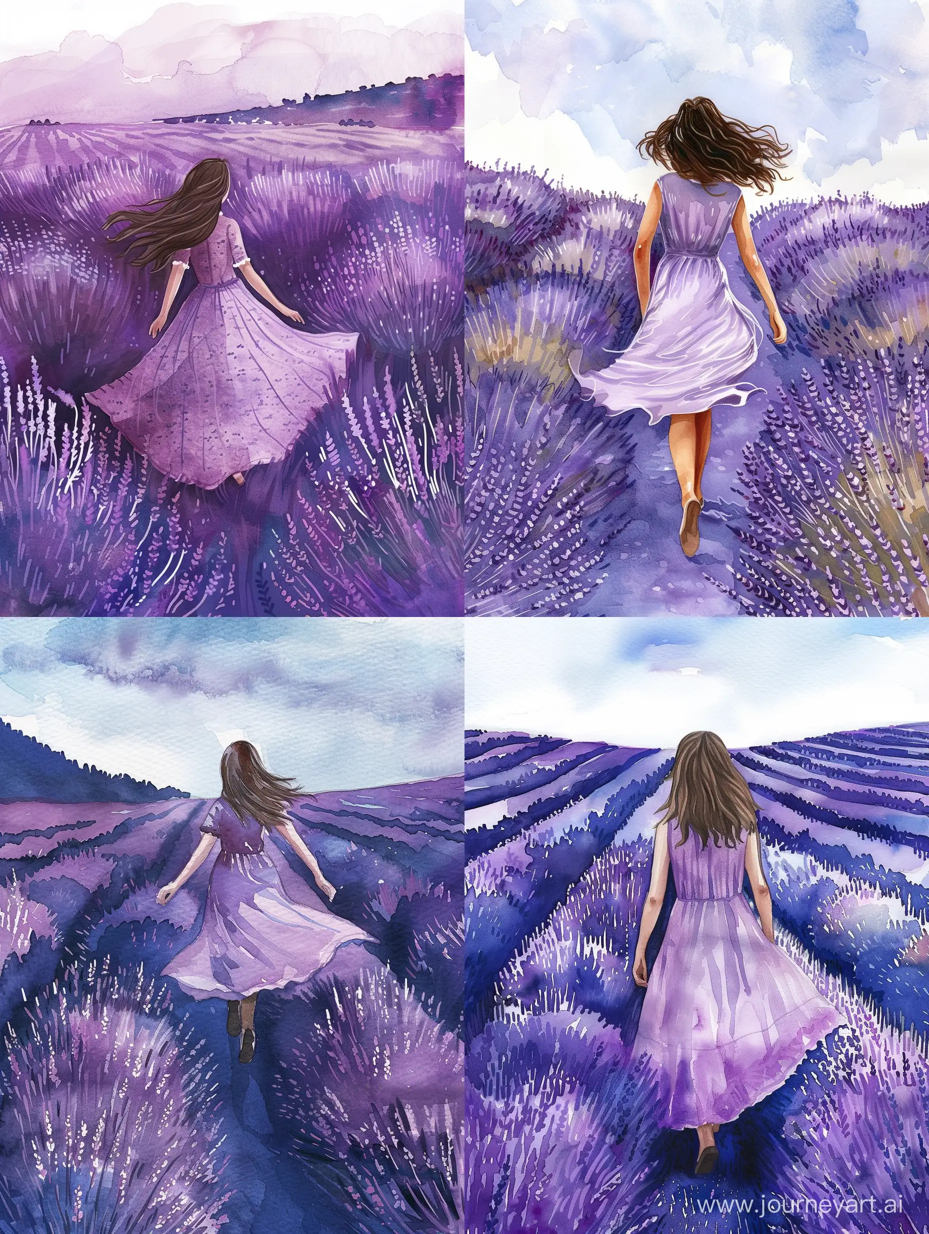 Lilac-Dress-Girl-Strolling-in-Lavender-Field-Watercolor-Art