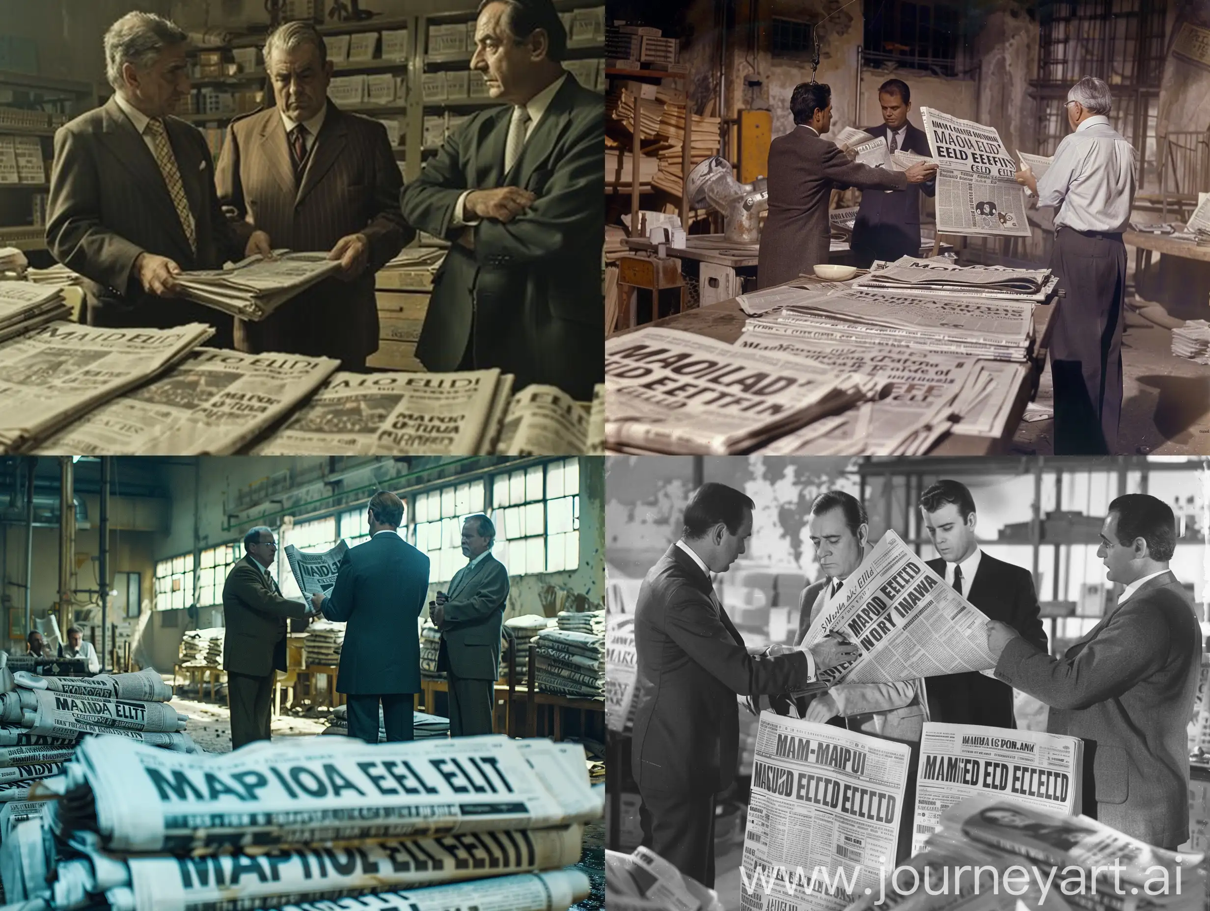 The newspaper factory that has Mafia Elite written inside the newspapers, and the heads of the factory are discussing