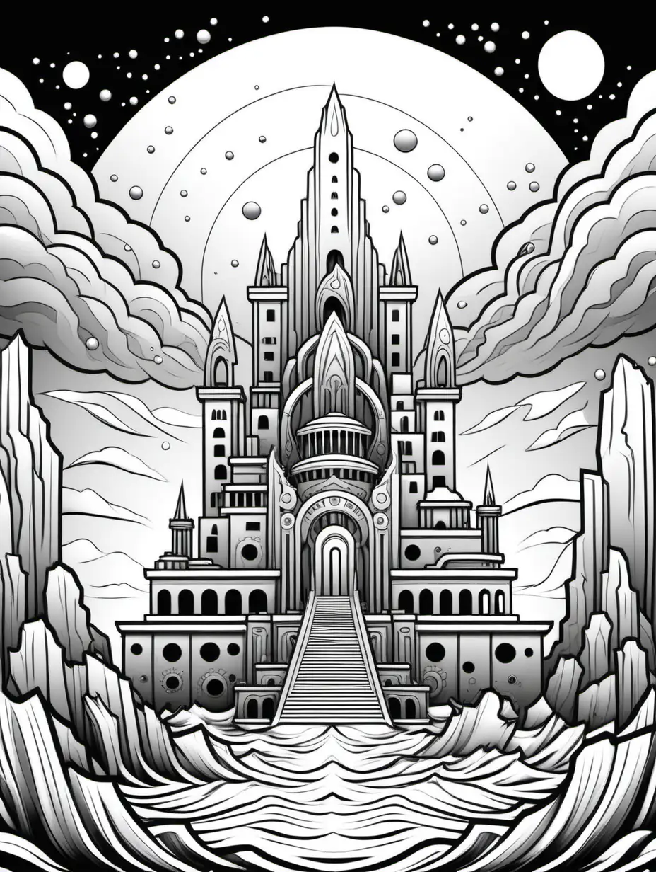 simple black and white line art of atlantis for a kids coloring book.