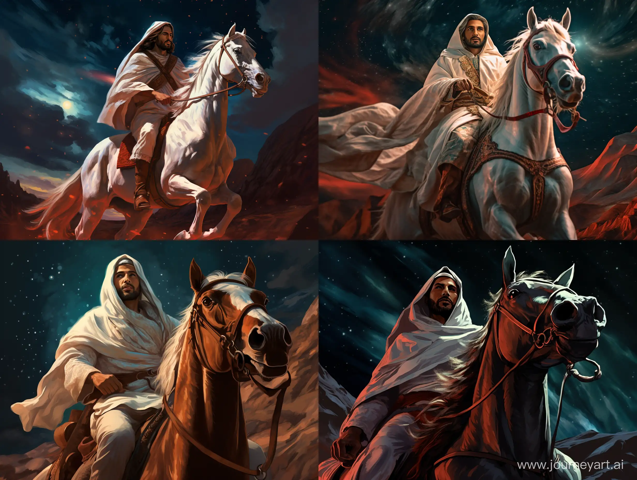 The opening image is of a Saudi prince wearing the traditional white Saudi dress and red shemagh, riding Arabian horses at night time and dim lighting, in a cinematic and dramatic style with shades of brown, and he appears confident of himself, the camera is at a low angle pointing upwards, the sky is blue, and a full-body shot