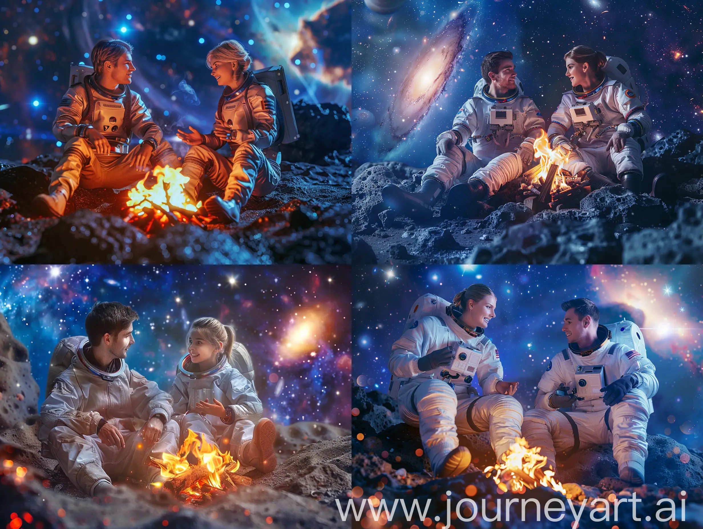 Young man and beautiful young pretty woman with fair hair in spacesuits are sitting by the bonfire on an asteroid surface, they are talking happily, no helmets, deep space on background with bright galaxies and supernova, realistic, cinematic