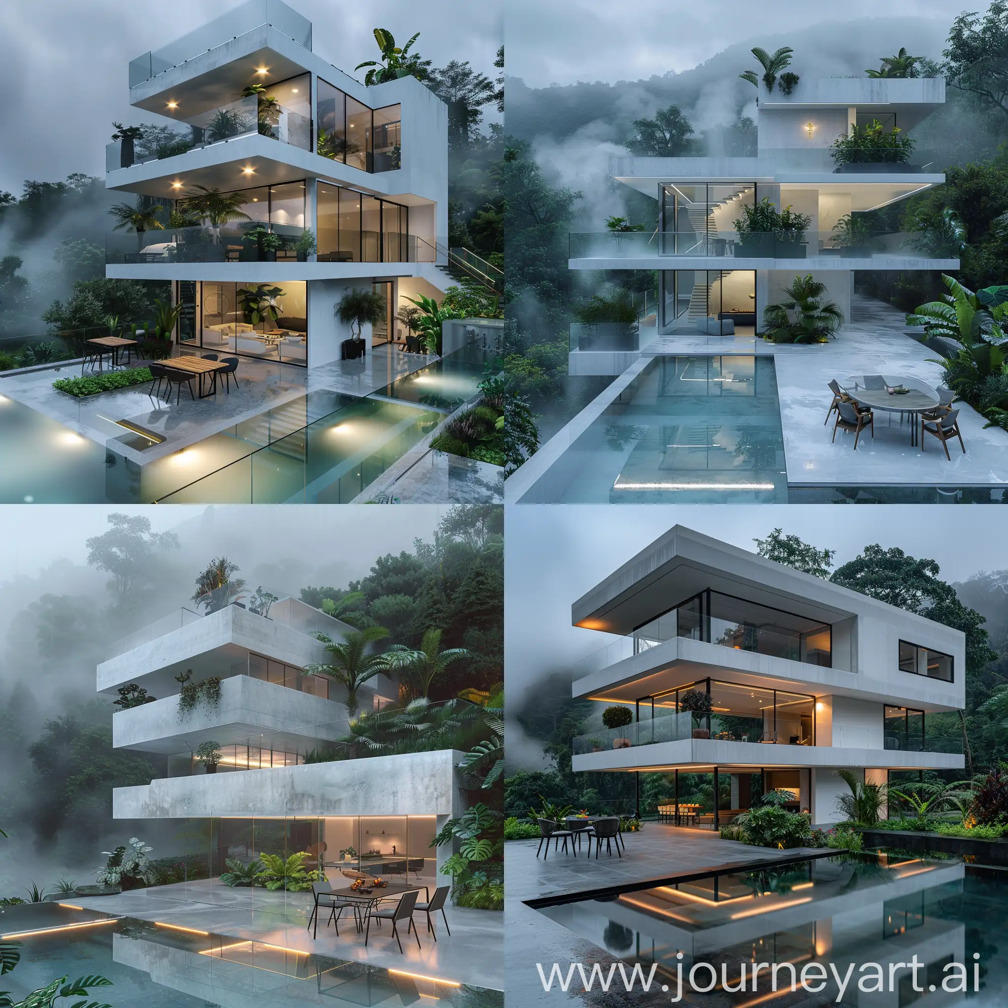 Modern three-story white concrete villa with glass infinity pool
 soft lighting, landscaping, table and chairs and plants,
 In a tropical green forest with misty cloudy weather, real photo

