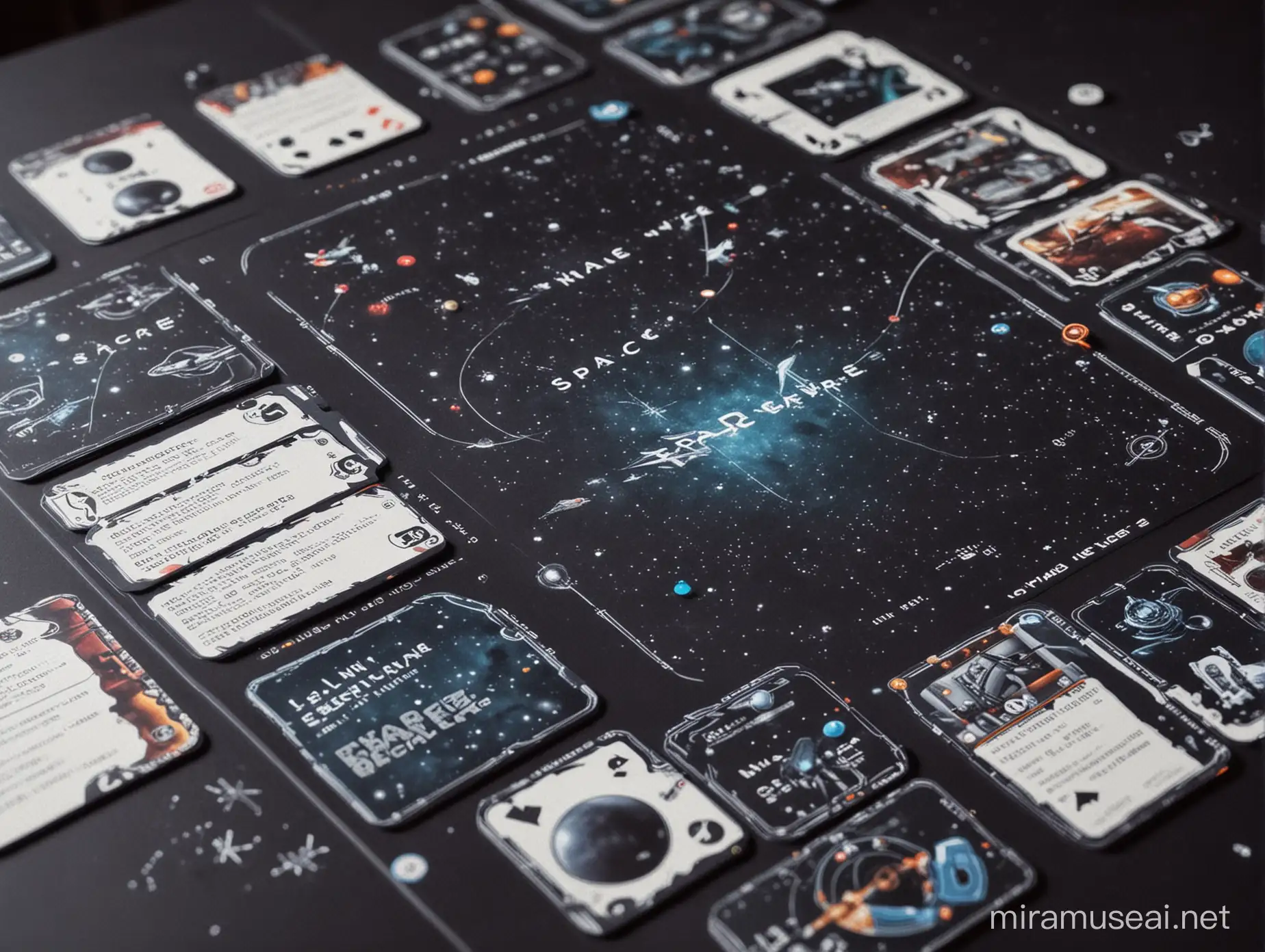 board game and board game cards of space board game using the visual identity of start wars but with a minimalist touch for board games