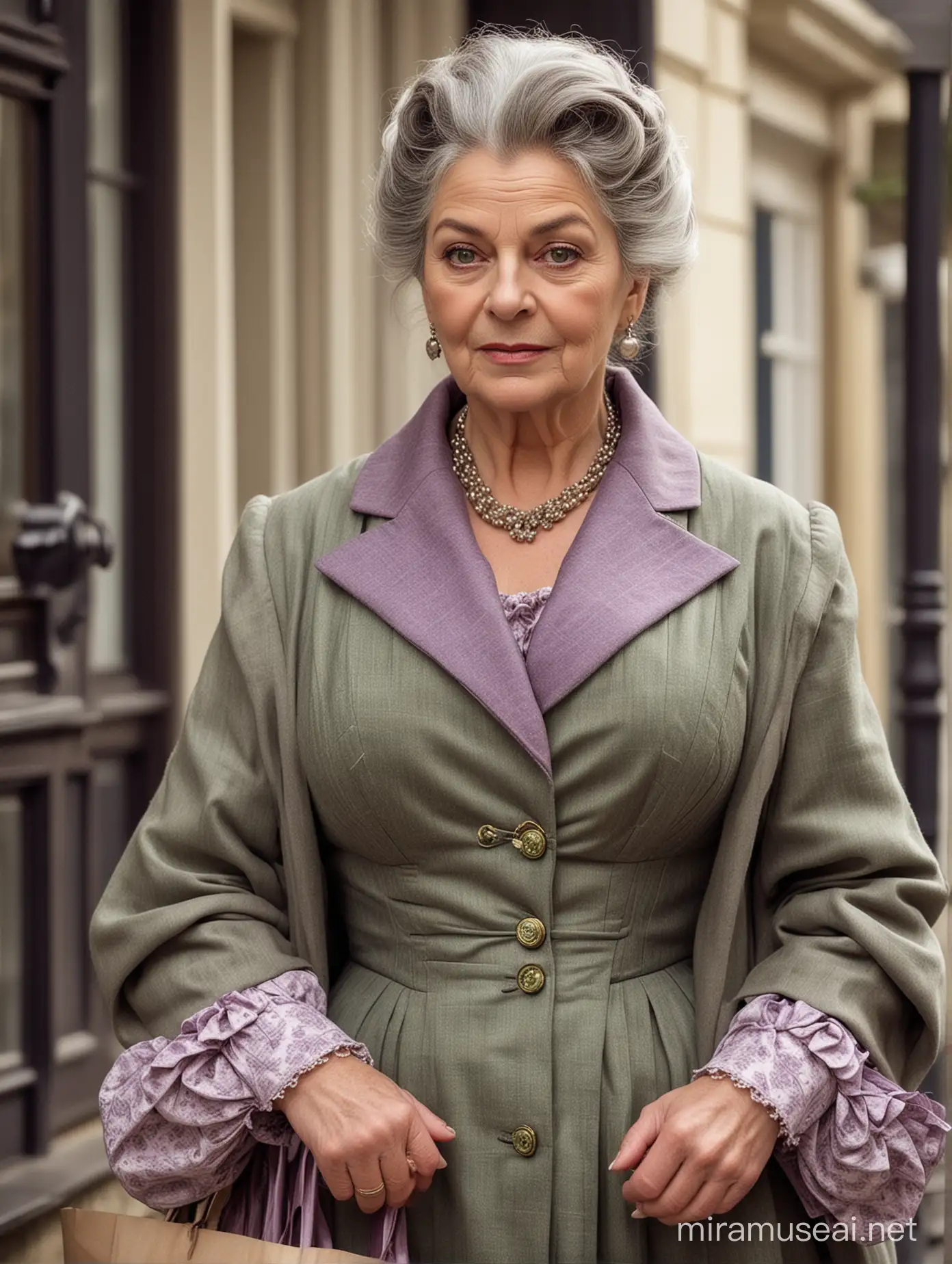 Aunt is an elderly old fashioned lady: She is the strict owner of the boardinghouse, a broad big Madame, she is dressed old fashioned elegant. In a bourgeois style. She is voluptuous with warmth and a huge bosom. Her hair is grey and purple. Stern green eyes.
Standing in nice dress and a coat outdoor on her way to shopping 