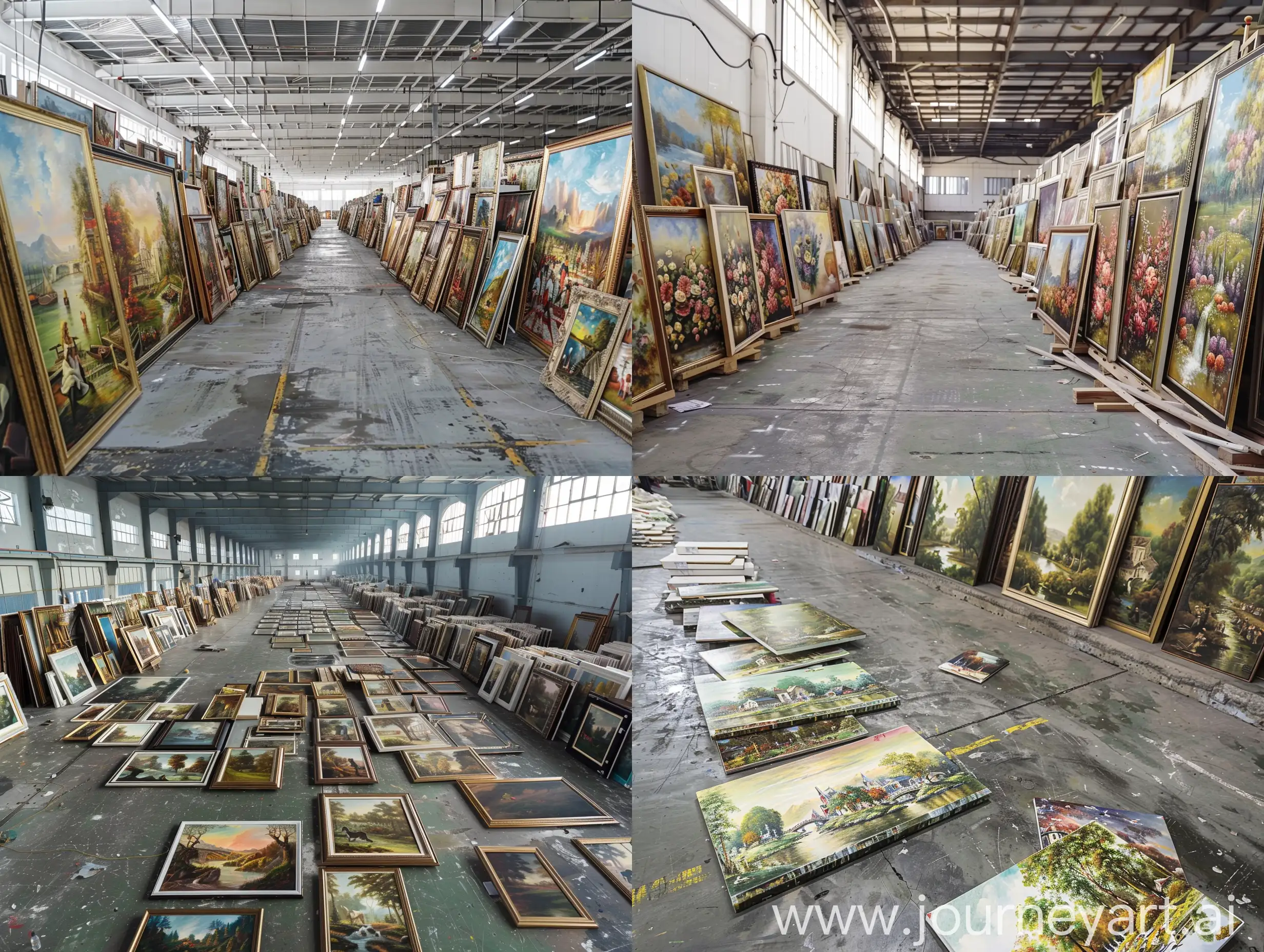超大型油画工厂里堆满了油画作品，精美油画靠在一块成排有序的放置在地板上，水泥地板干净整洁