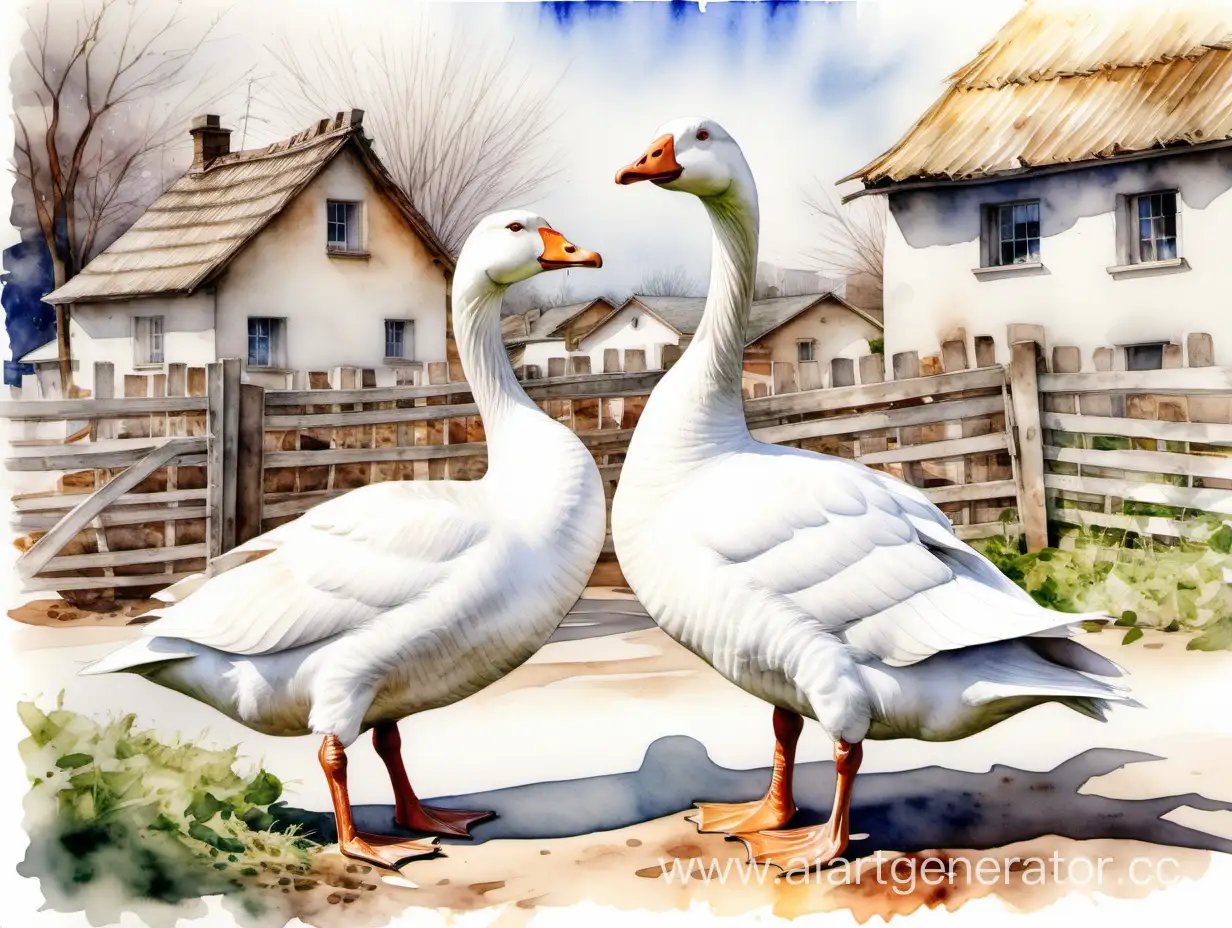 Two-White-Geese-in-a-Serene-Village-Setting