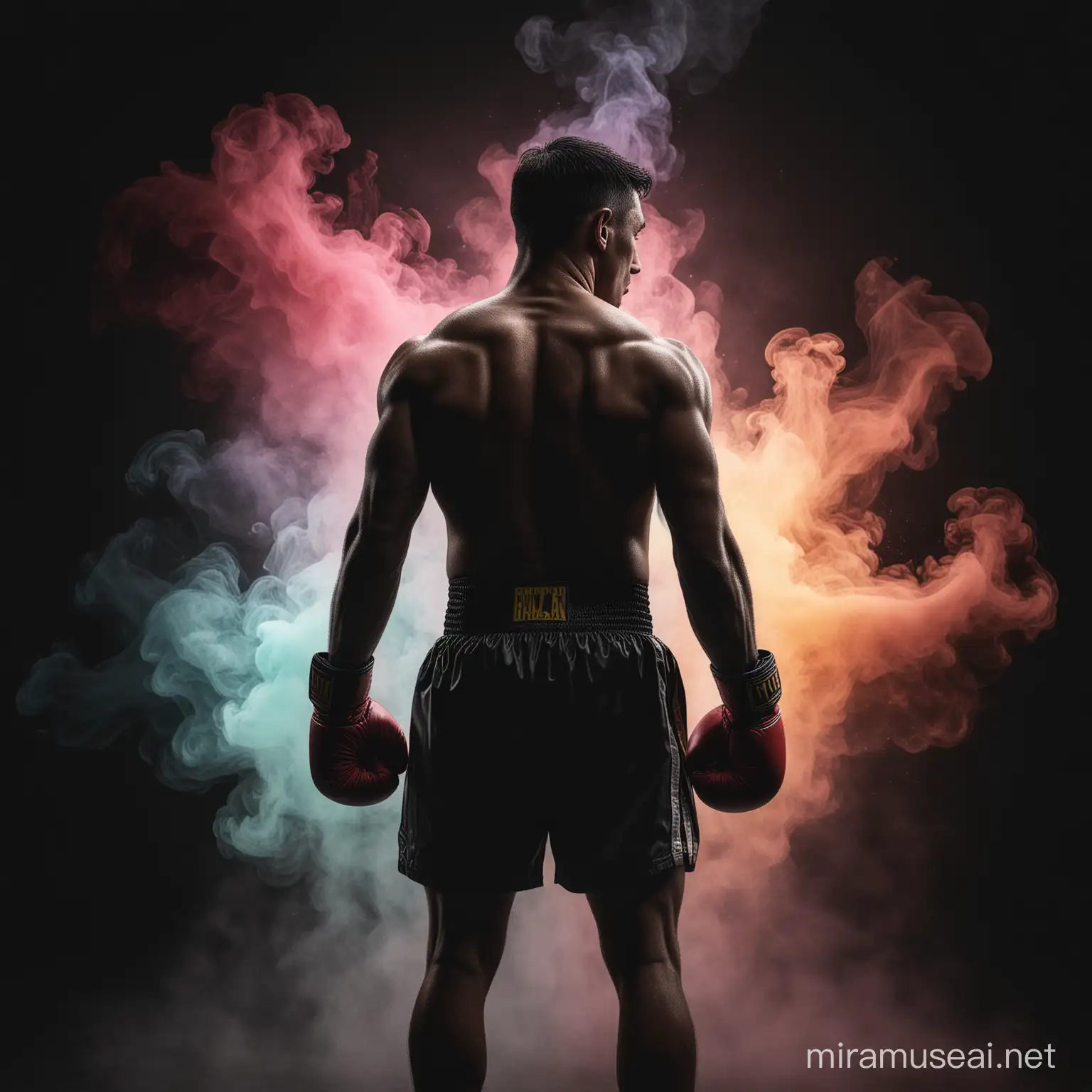 far-away silhuette of boxer's back facing the camera. He's far away enough to see his boxing gloves. He's looking back at the camera over his shoulder. There is colorful smoke in the black background. style is dark, hyperrealistic, noir.
