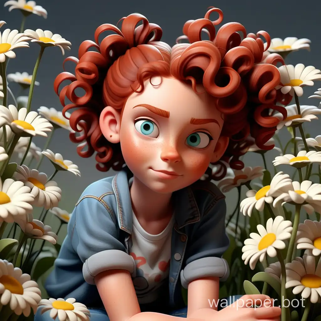 realistic image of a red-haired 10-year-old girl in jeans and a t-shirt. Curly hair is gathered in a bun. Expressive beautiful eyes. Sitting among flowers. Holding daisies in her hand. The character is fully in the frame. Clarity and quality.