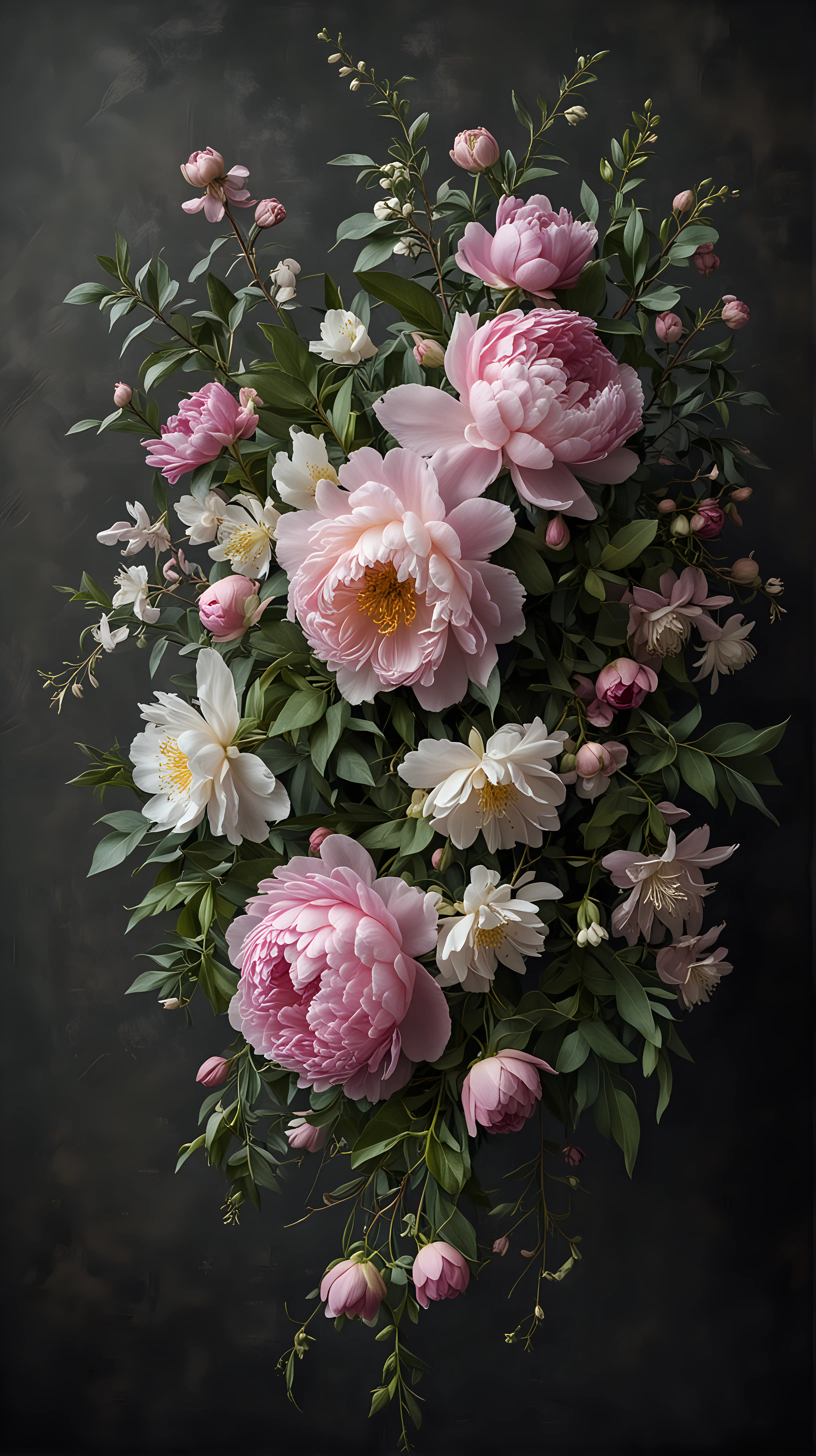 dark Moody artwork of a trailing floral arrangement in various shades of soft pink, peonies, renunculus, trailing down the side of the image with soft white star jasmine. and sweet peas, Dark shadows, Dark grey background, muted colours,  in the style of old dutch masters
