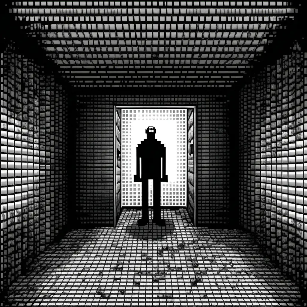 Heavy Pixel Art, Black and White, Horror, Point and Click, First Person, Point of View, Blank Face Scary Man