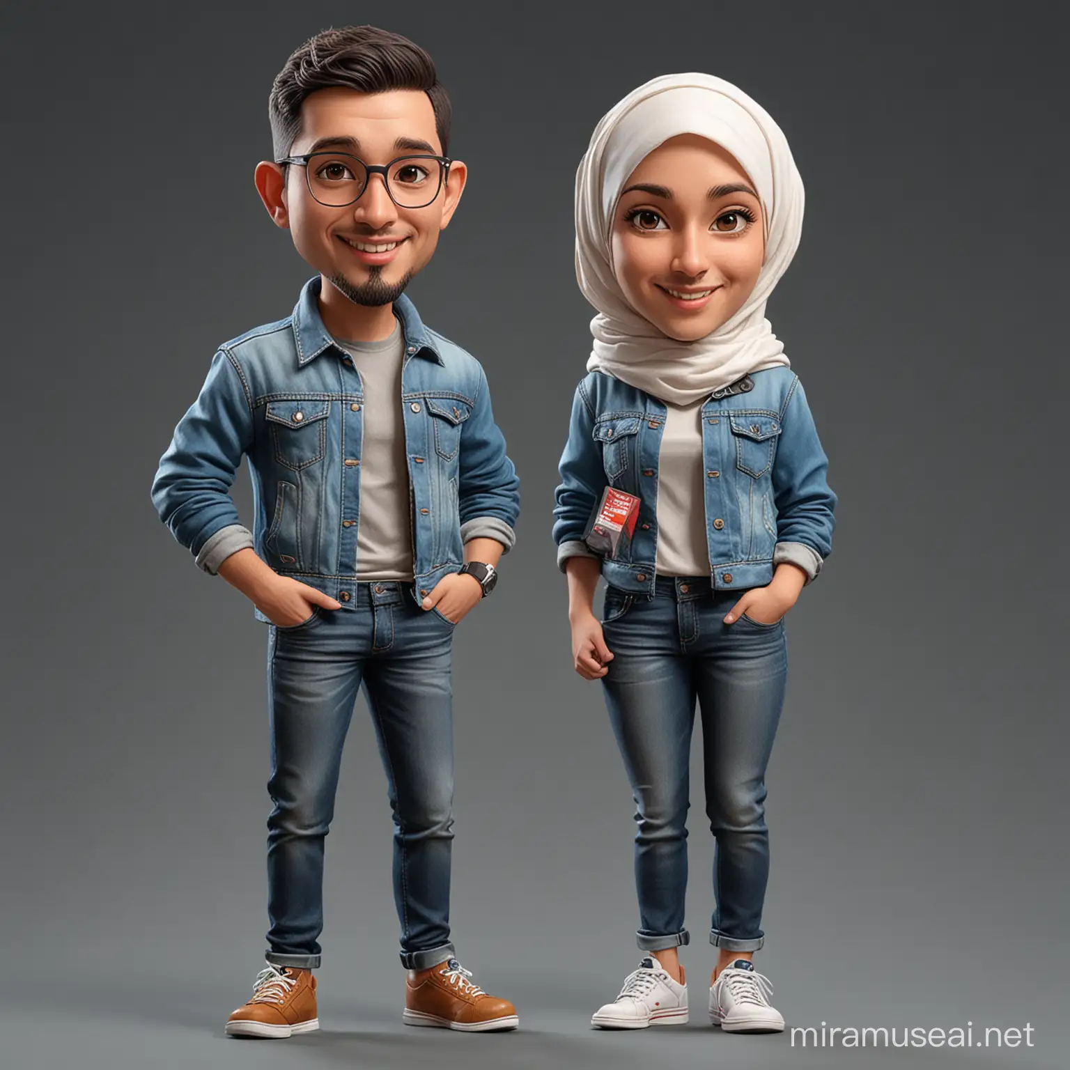 Create realistic 3D two male caricature, 3D, oil painting caricature, short hair, wearing casual clothes with jeans jacket, and female with hijab,dark and bright solid background
