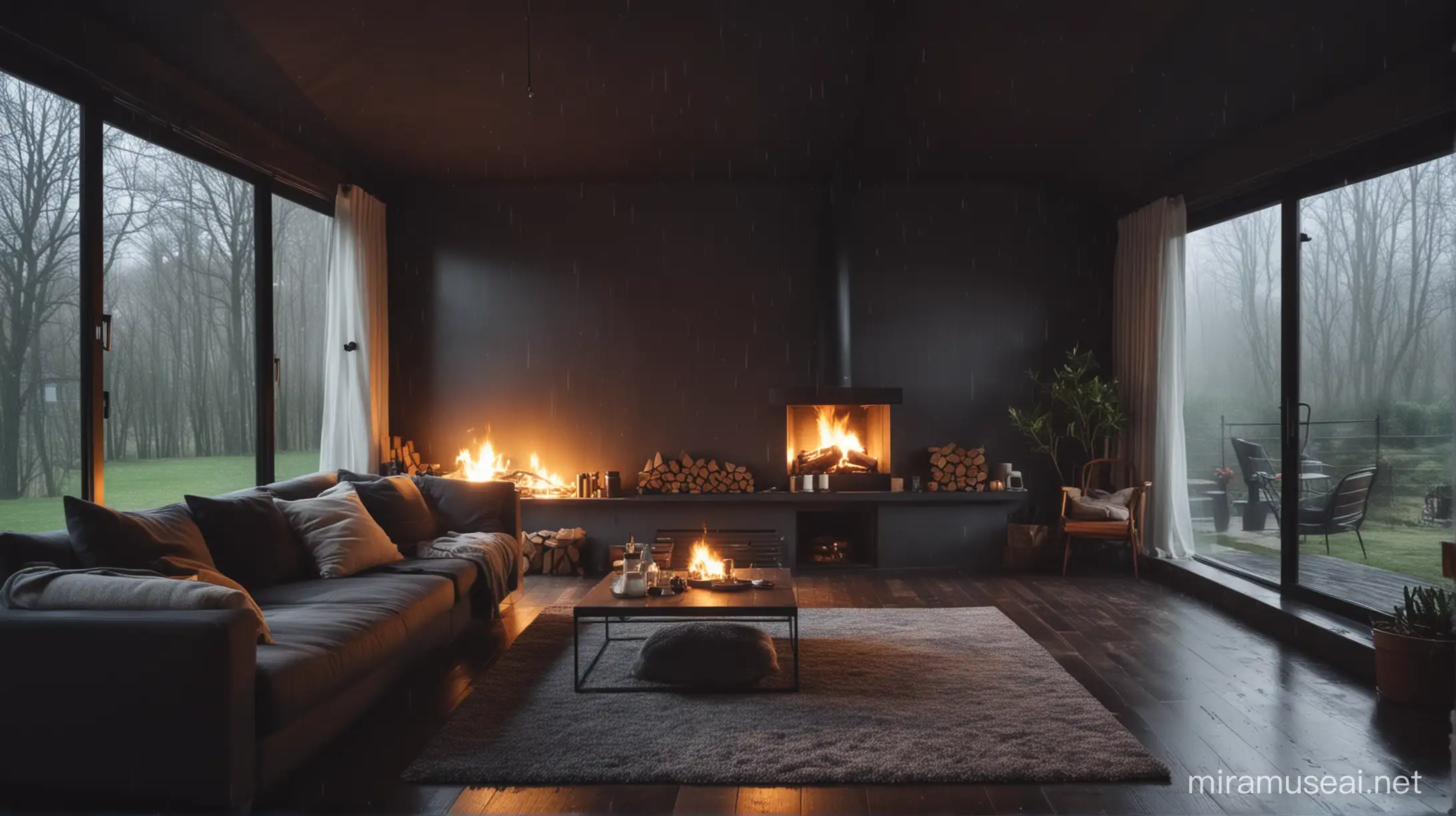 very cozy livingroom with cozy bead and outside raining and fireplace dark room