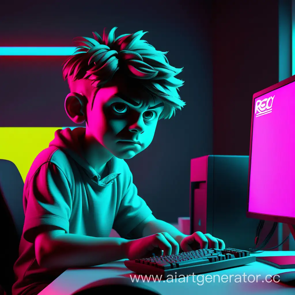 TechSavvy-Boy-Engrossed-Behind-Neon-Office-Setup
