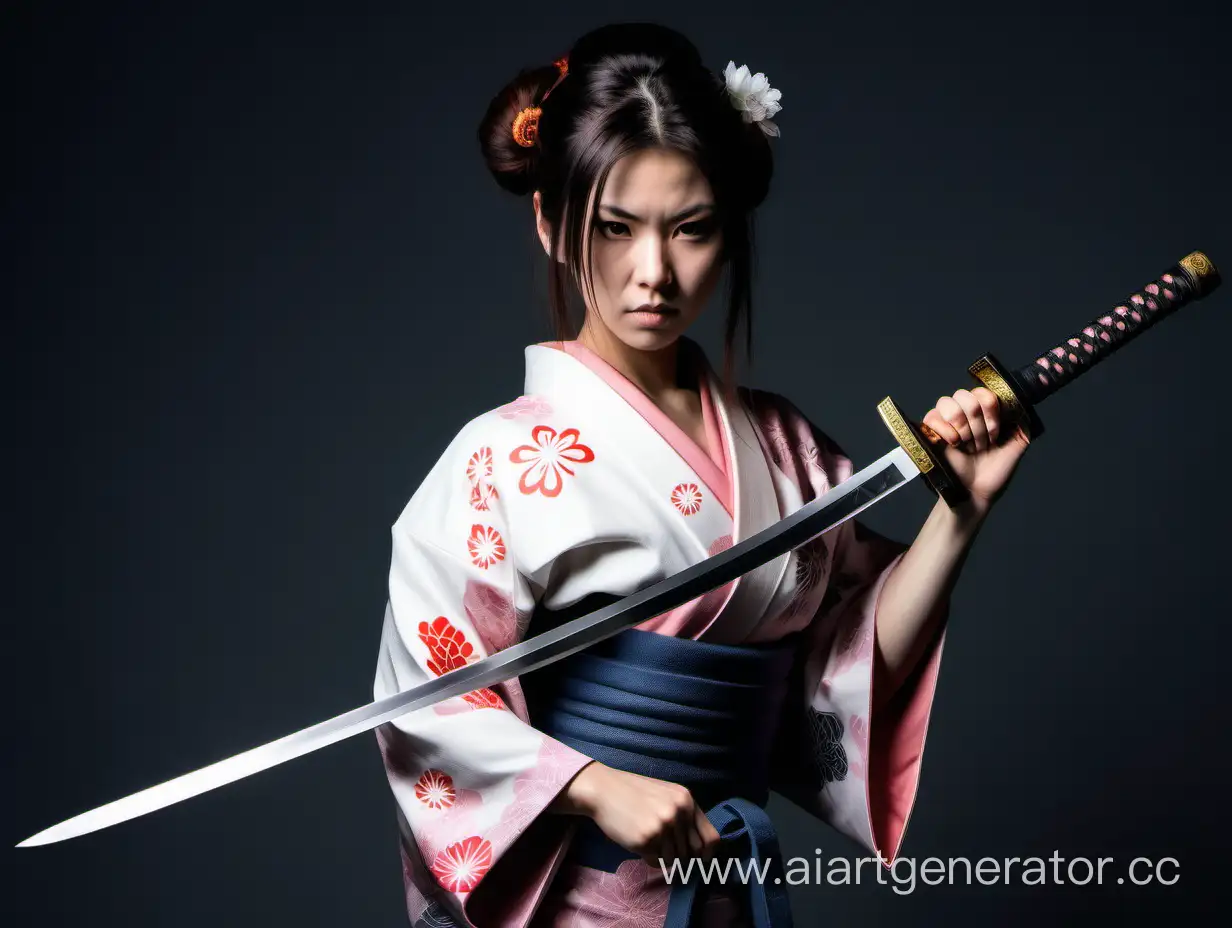 девушка якудза в кемоно с самурайским мечем 