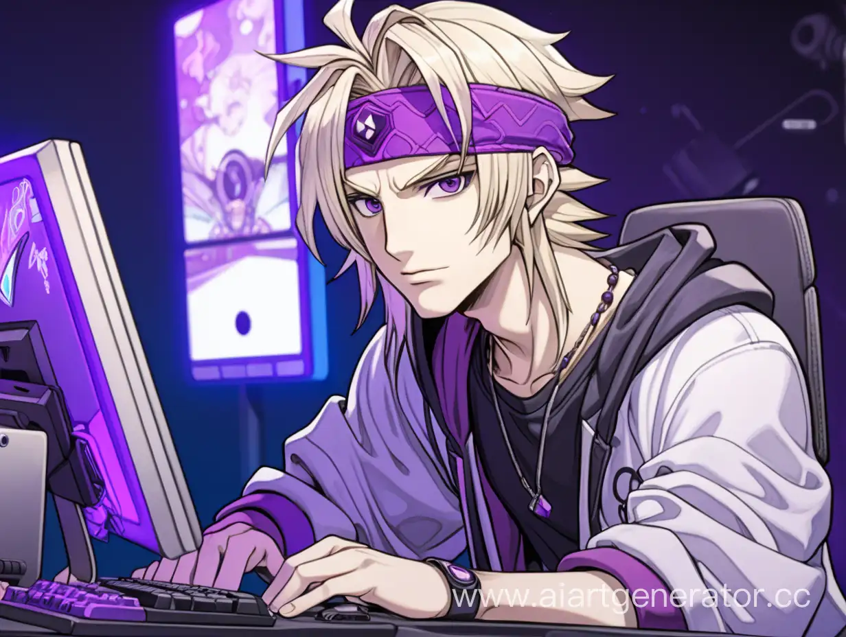 светло волосый парень в стиле аниме с фиолетовыми глазами сидящий за игровым столом с компьютером на парне фиолетовая повязка