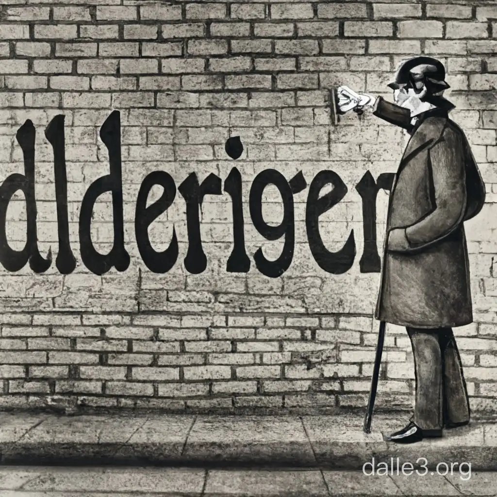 1800s london, sherlock holmes spraying grafitti on a brick wall the word AddeRingen