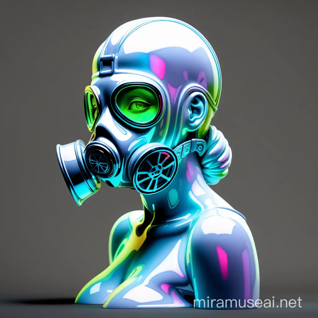 Produce a white shiny iridescent neon colored porcelain figure of a beautiful curvy feminine woman
Strong expression dynamic
She is wearing a gas mask over half of her face
portrait
Black background
