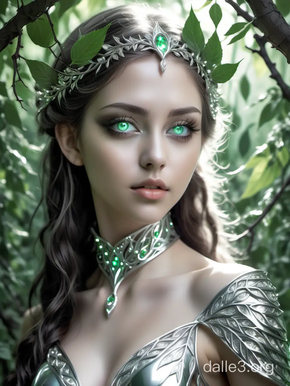 Beautiful girl ((gray-green eyes)), (((neckline made of liquid silver and rhinestones)), eyelashes, beauty, branches with silver-green leaves in the background, ((fantasy)), ((mysticism)), pixel study, high detail, dynamic, intimate details, elegant, aesthetic, lineout, realistic, high quality.