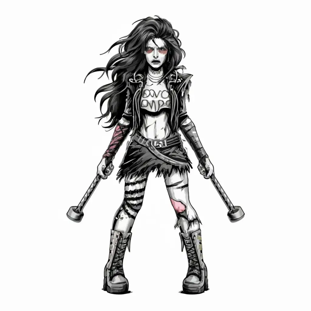 logo, logo, t-shirt vector zombie girl,  80s style clothing, boots, long hair, rockin out at a concert, dark art, rim light, ultra detail, marvel comic illustration, pen and ink painting marvel style theme white background, Contour, Vector, white background, no words, ultra Detailed, ultra sharp narrow outlined image, no jagged edges, vibrant neon colors, typography, , with the text ".", typography