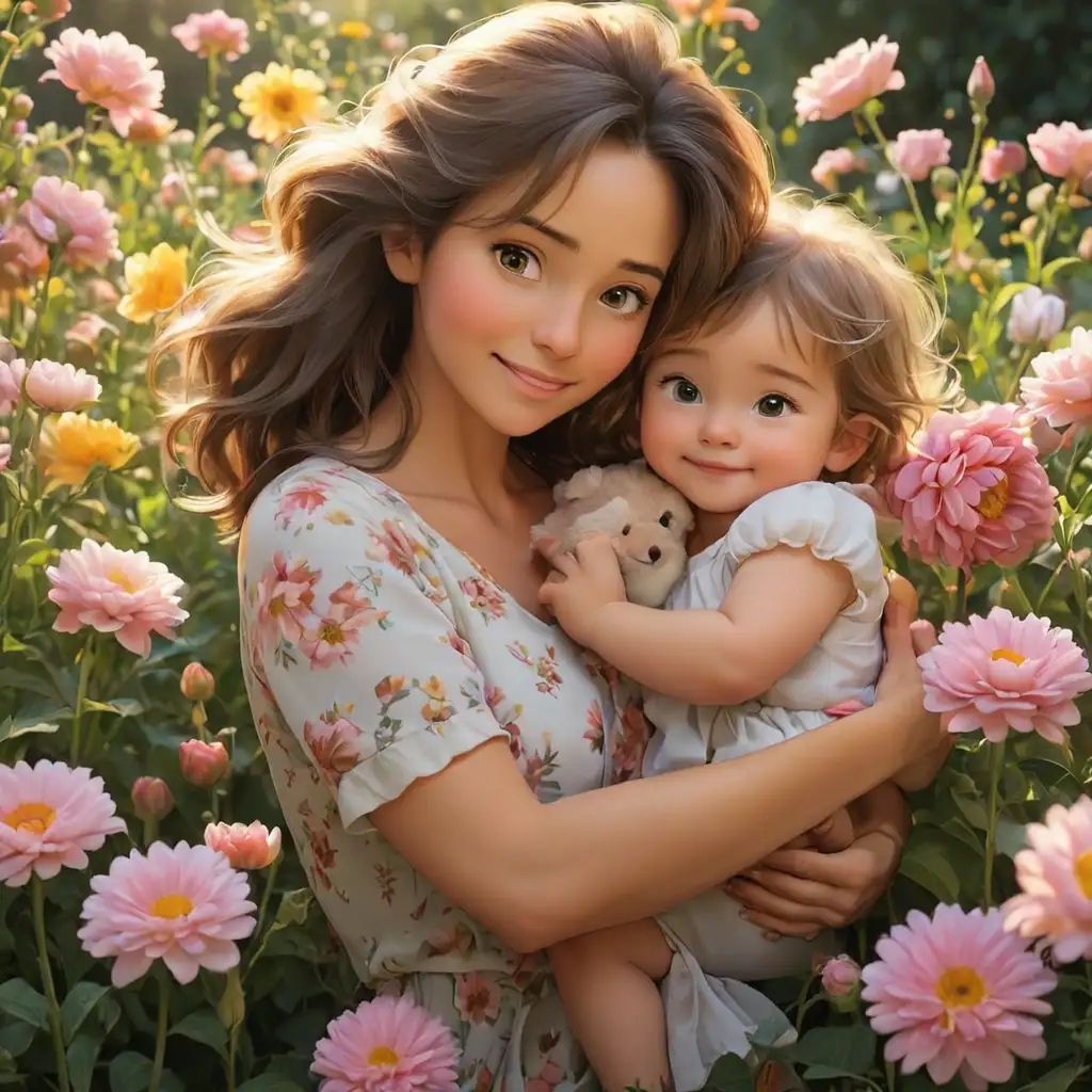 mom hugging child surrounded by flowwrs