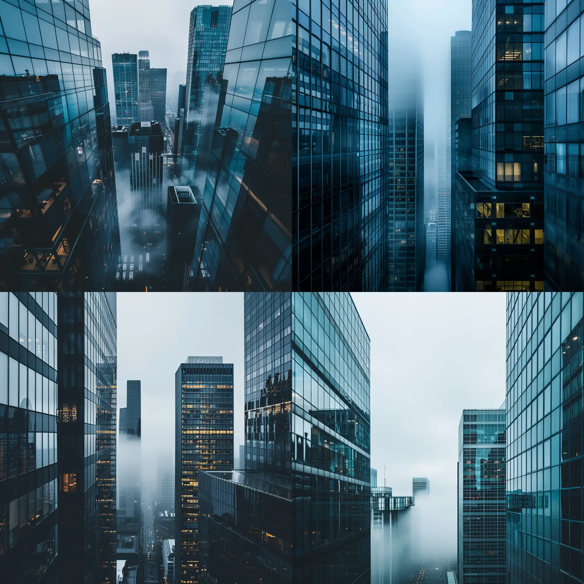 glass buildings, vantage point, fog, overcast, realistic, moody, blue and gray tone