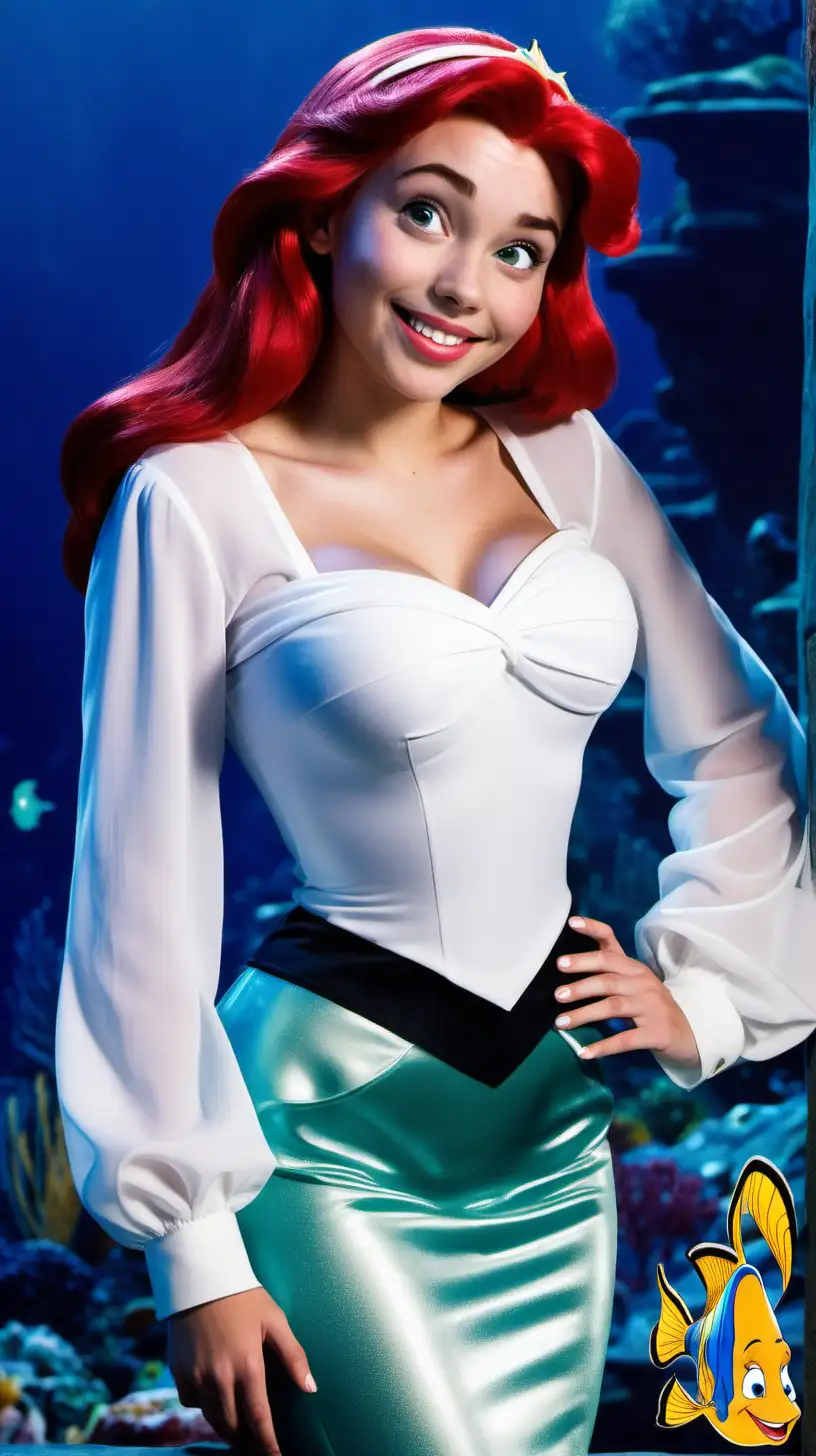 Vue de face, Ariel from little mermaid,  regarde amoureusement et souris,chemisier blanc talc très cher manches longues très très échancrée  