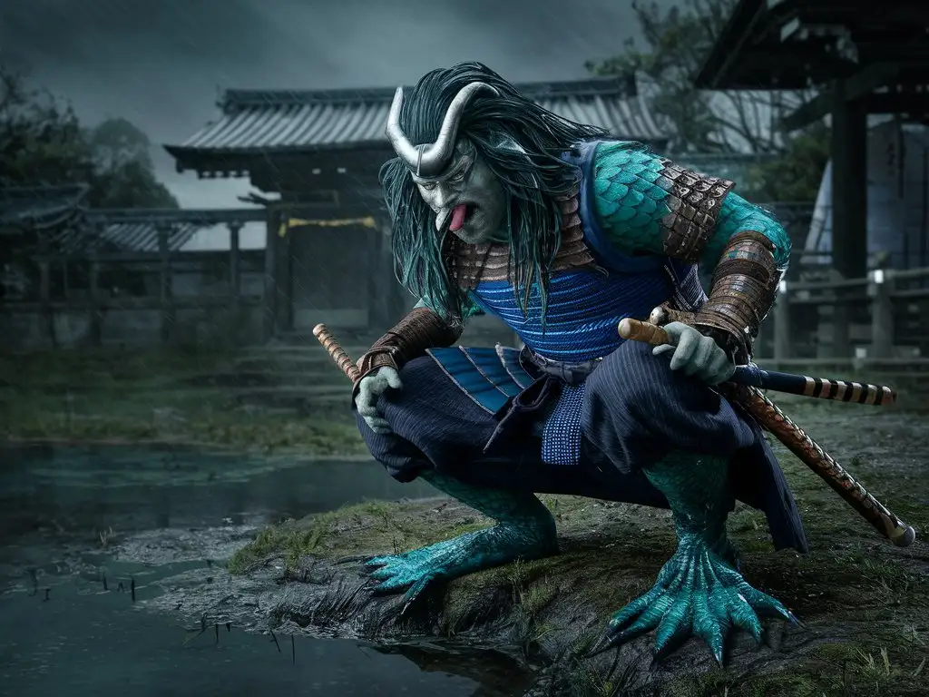 Cyberpunk Triton Merman Samurai at Haunted Japanese Shrine