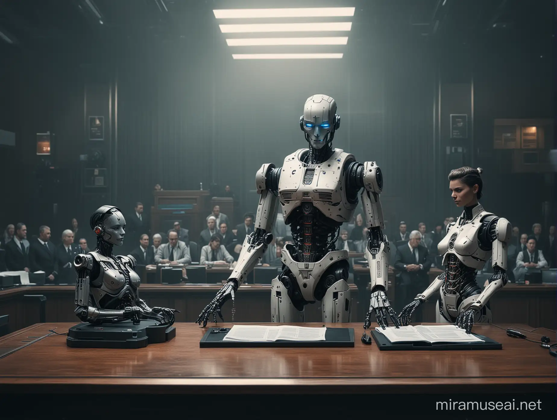 Futuristic Cyberpunk Courtroom Scene with Robot Judge Putting Human Doctor on Trial