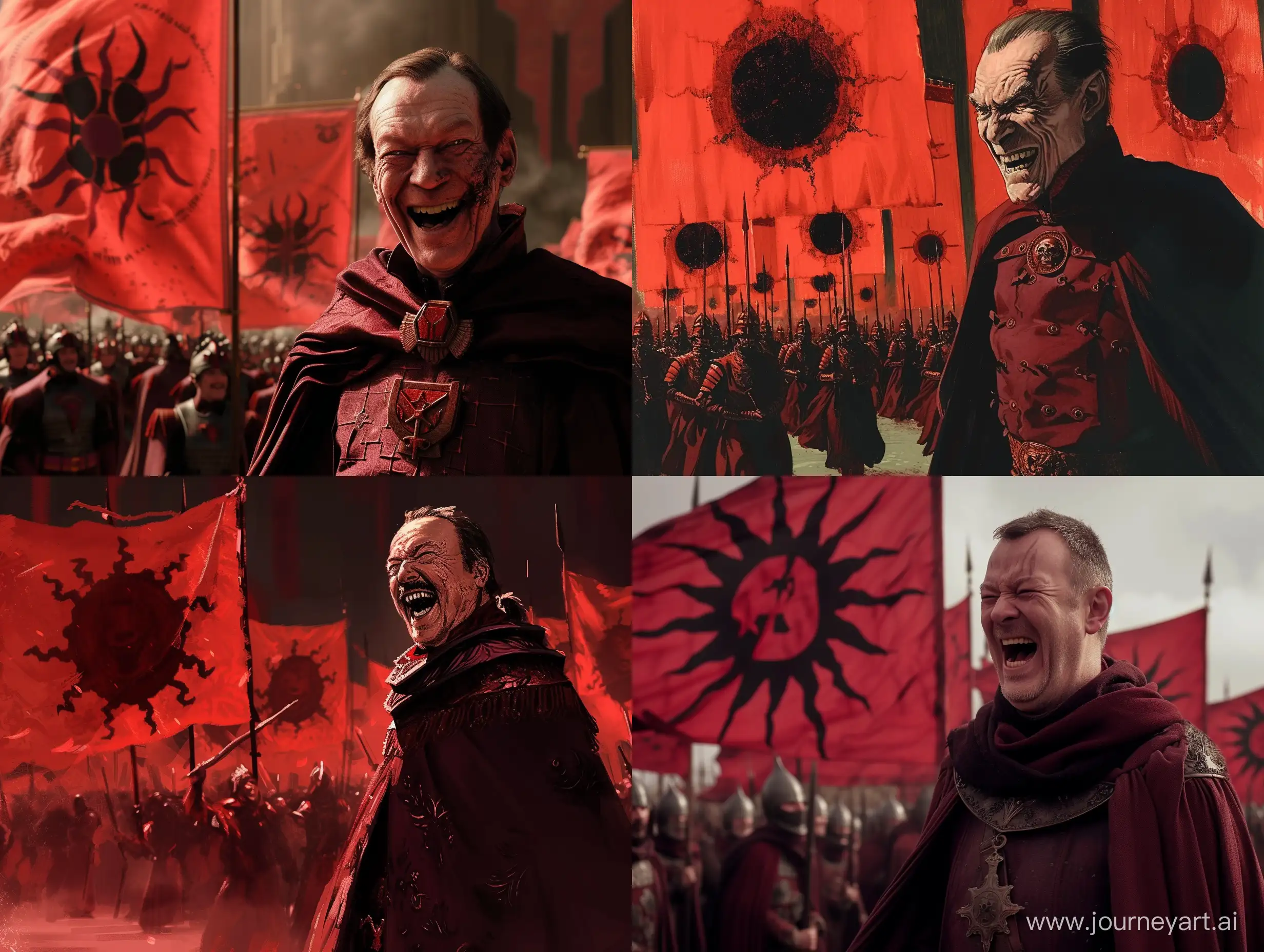 Человек мужчина Верховный главнокомандующий в темно красном стренче, злобно смеется, на фоне армия со знаменами красного цвета с изображением черного солнца