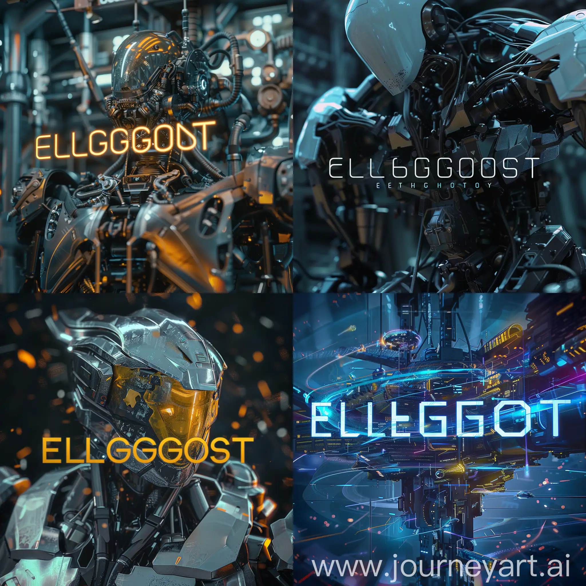the words "ELGHOST" with a futuristic, modern, mecha theme, text only