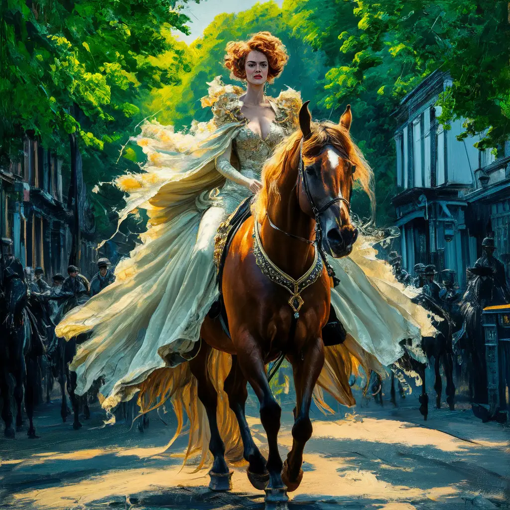 a composition that are both lifelike and psychologically charged, bold brush strokes, using light and shadow to add depth and drama, a beautifully dressed woman riding a horse through Dublin, green details 