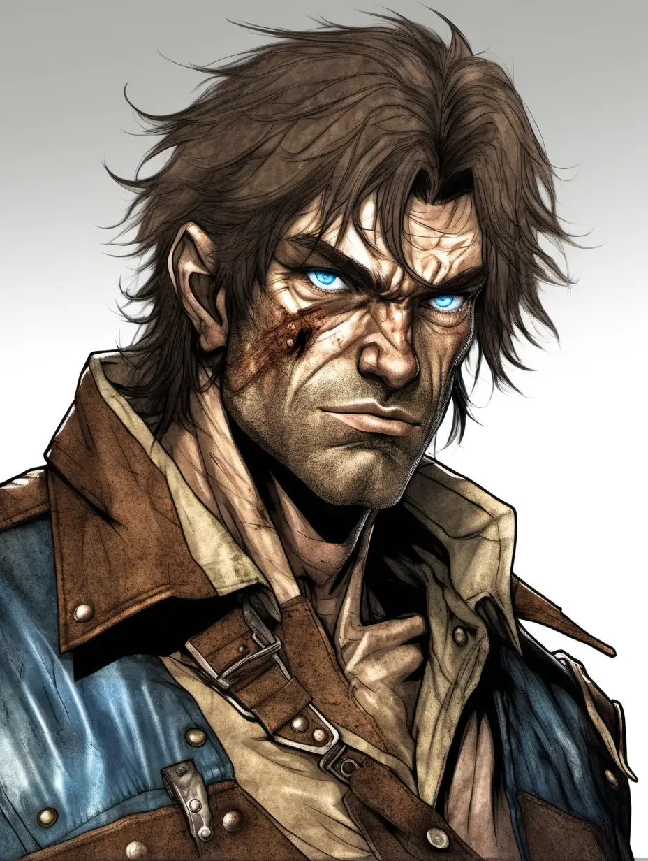 Ugly, rugged human male with darker messy hair, blue eyes wearing brown leather and a s shortsword.