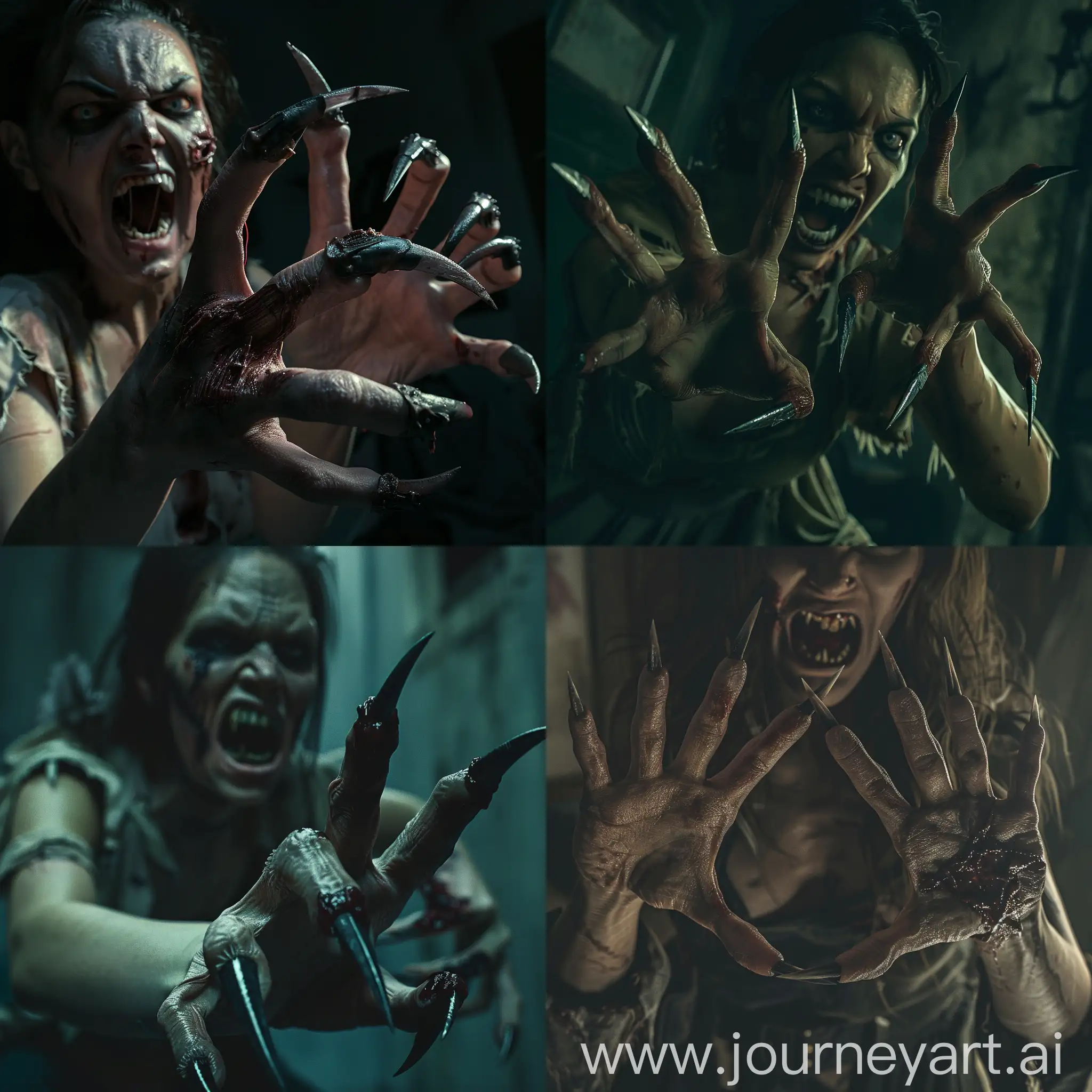 A gruesome zombie scene: a woman who approaches her victim, sharp claws on each of her five fingers  on her hand, her mouth open revealing sharp teeth resembling fangs, she is dressed in torn clothes, she stretches out her vile hands to attack. hyper-realism, cinematic, high detail, photo detailing, high quality, photorealistic, terrifying, aggressive, bloodlust, sharp fangs, dark atmosphere, realistic, detailed nails, horror, atmospheric lighting, full anatomical. human hands, very clear without flaws with five fingers