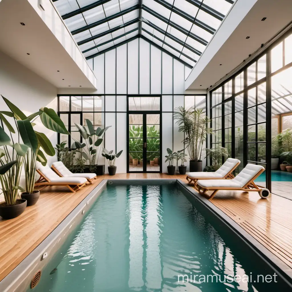 minimalist organic home indoor swimming pool surrounded by greenhouse plants, bamboo flooring, rocking chairs
