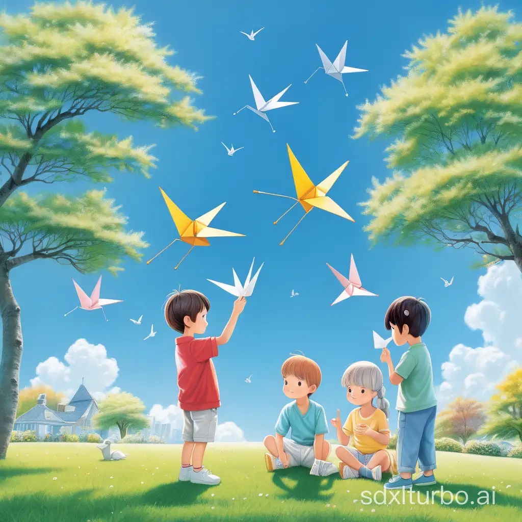 A paper Crane and clear blue sky,the green lawn and two little kids who are playing