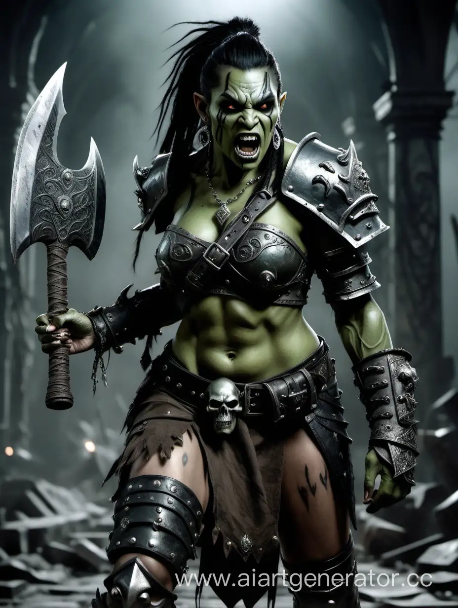 A photorealistic female orc warrior from the Elder Scrolls seriesin fighting position, green skin, has a pretty face, she is musculous and big , has black ornament tatoos,  she weats leather armour with steel shoulder plates, no helmet, long black hair, She has several Dreadlocks with silver ornaments hanging,  she is fighting with a big adorned axe, she is looking furiously and grim, screaming, at she is wearing skulls on her belt, background ist hall iside a dark ruin, dark atmosphere, grim pale lights 