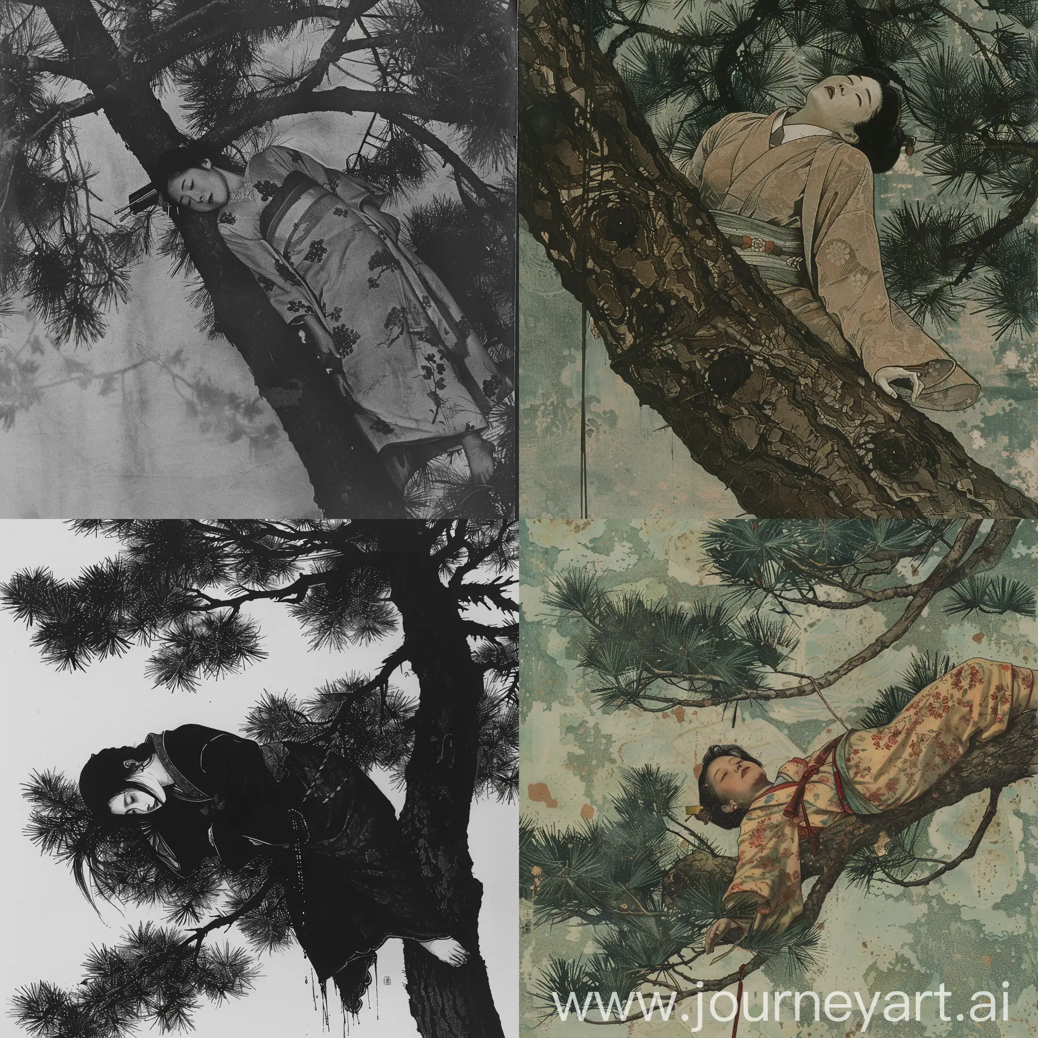 Japanese-Woman-Hanging-on-Pine-Tree-in-Dreamlike-State