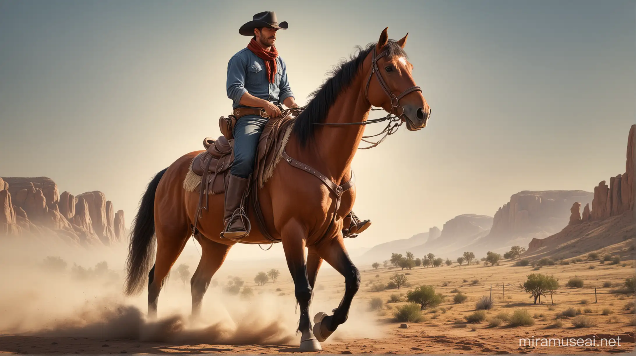 A cowboy is riding a horse. Realistic style