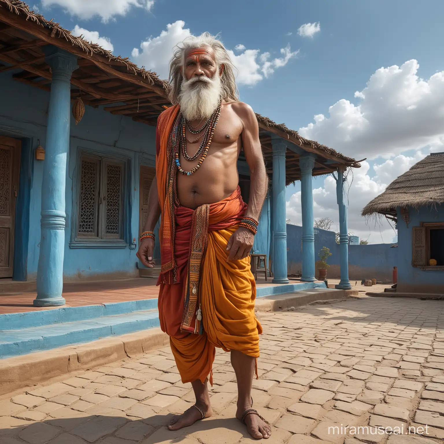 Naga sadhu india 80 years old white beard colorfull dresd standing before bleu rajasthan house by clouxy sky total full body fotorealistische  detaild