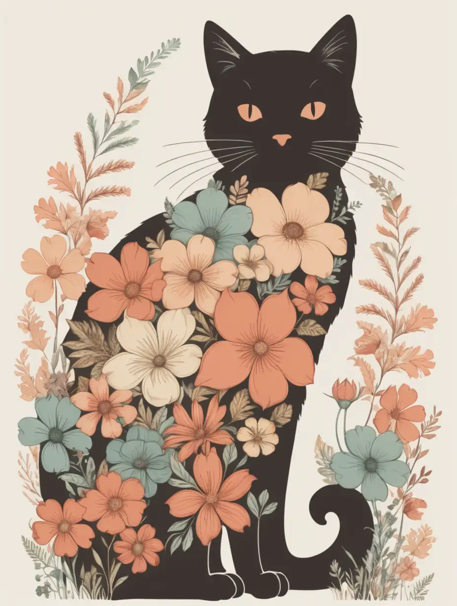  Fill ENTIRE silhouette of a cat with various sizes of REALISTIC illustrated flowers in retro colors add whiskers only