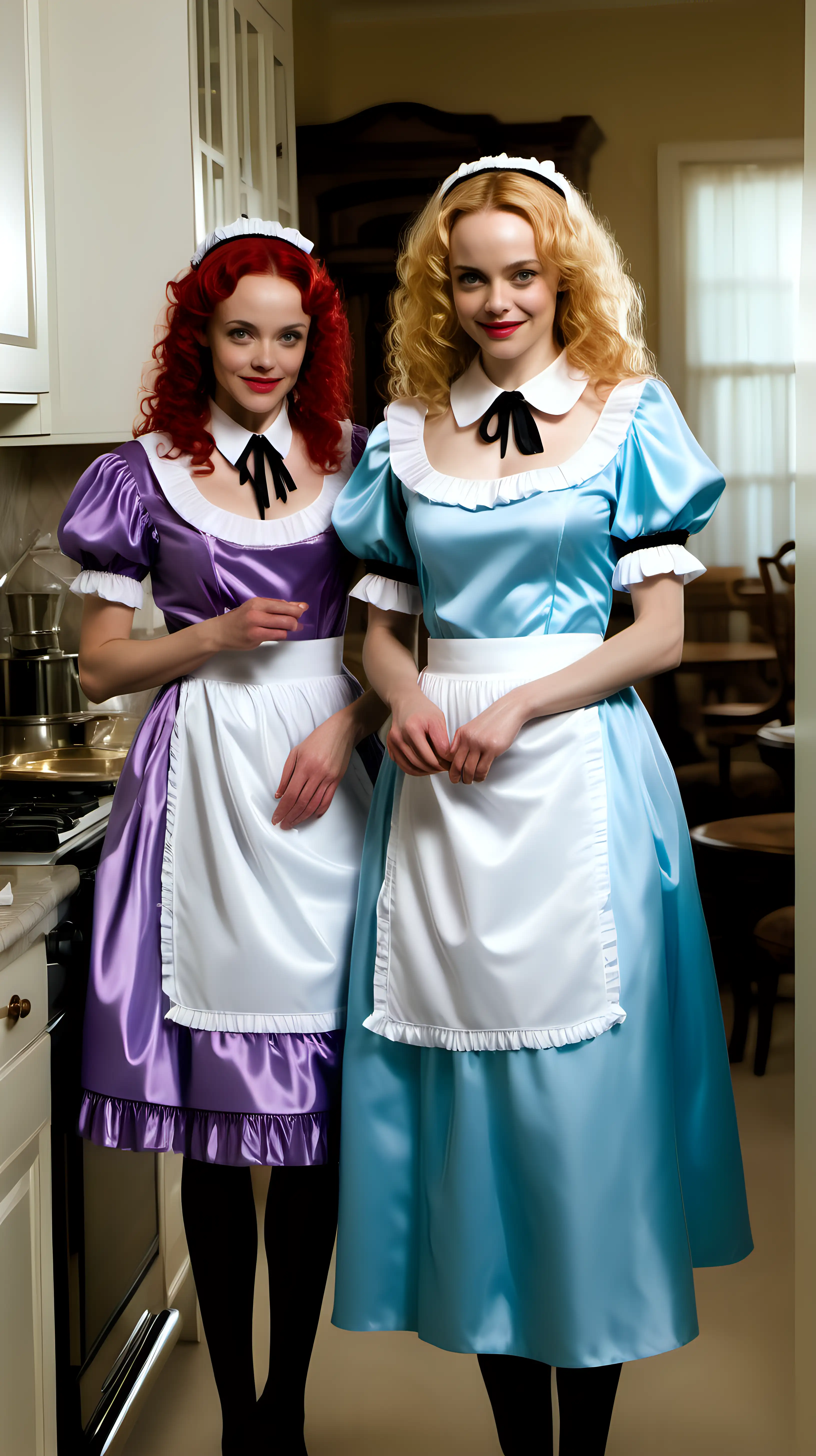 girls in long crystal silk retro strong style sky BLUE and lila
english maid gown with apron and peter pan colar and long and short sleeves costume and milf mothers long blonde and red hair,black hair Heather Graham and Rachel Mcadams smile in house