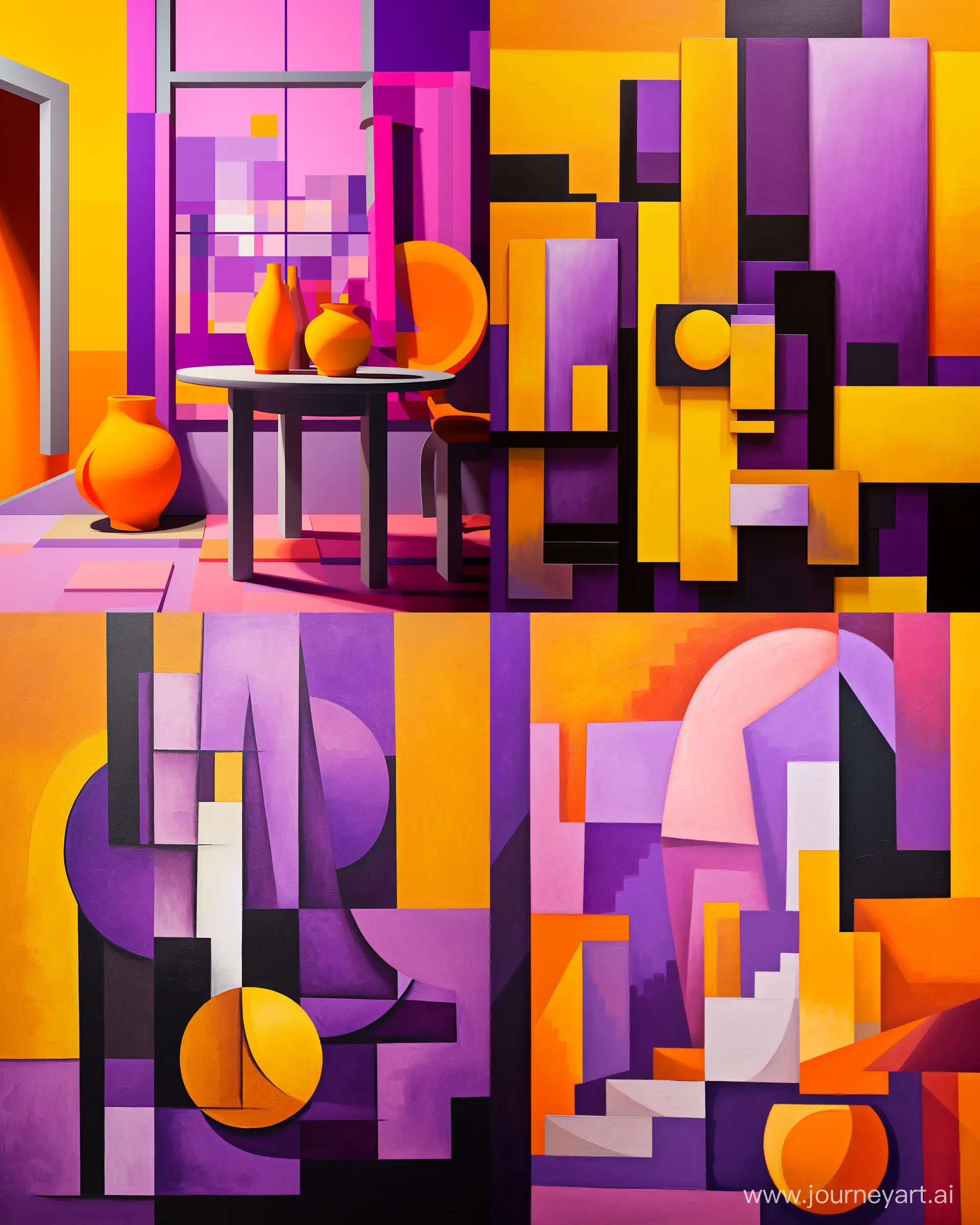 staged photography of a abstract environment with purple and yellow color by pablo picasso, cubist style --ar 4:5