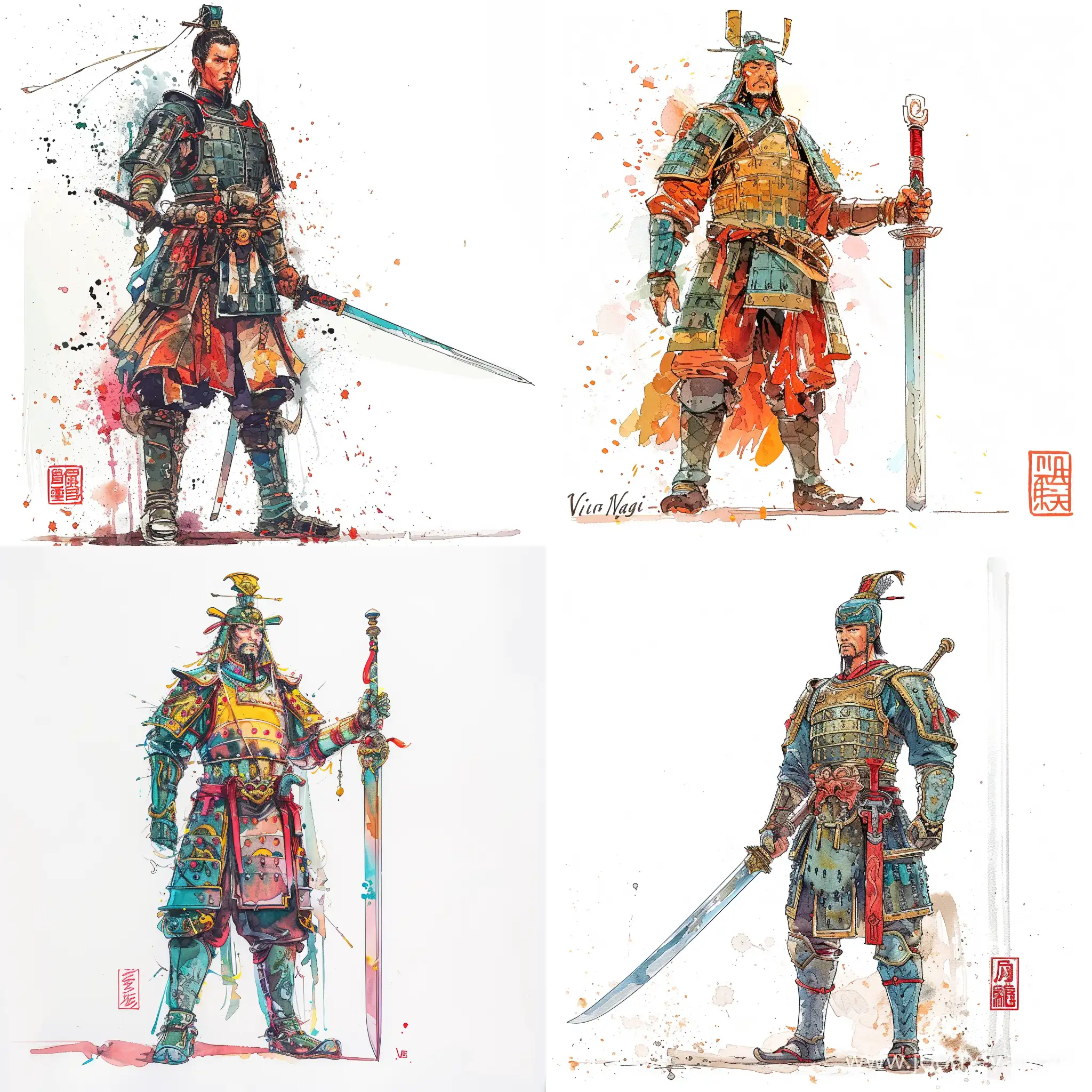 ancient Chinese warrior, standing tall, in combat gear, holding a sword, stylized caricature, detailed, decorative, neat, bright colors, Victor Ngai, watercolor, ink, on a white background, flat drawing